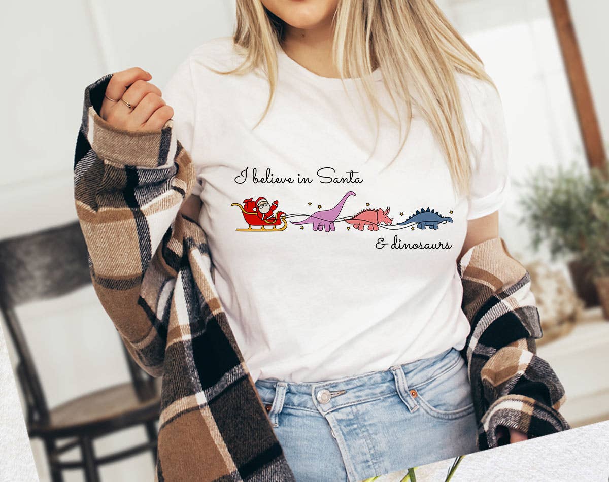 I Believe in Santa & Dinosaurs - Funny Christmas Tshirt Hoodie, Sweatshirt | PodTeesHub.com