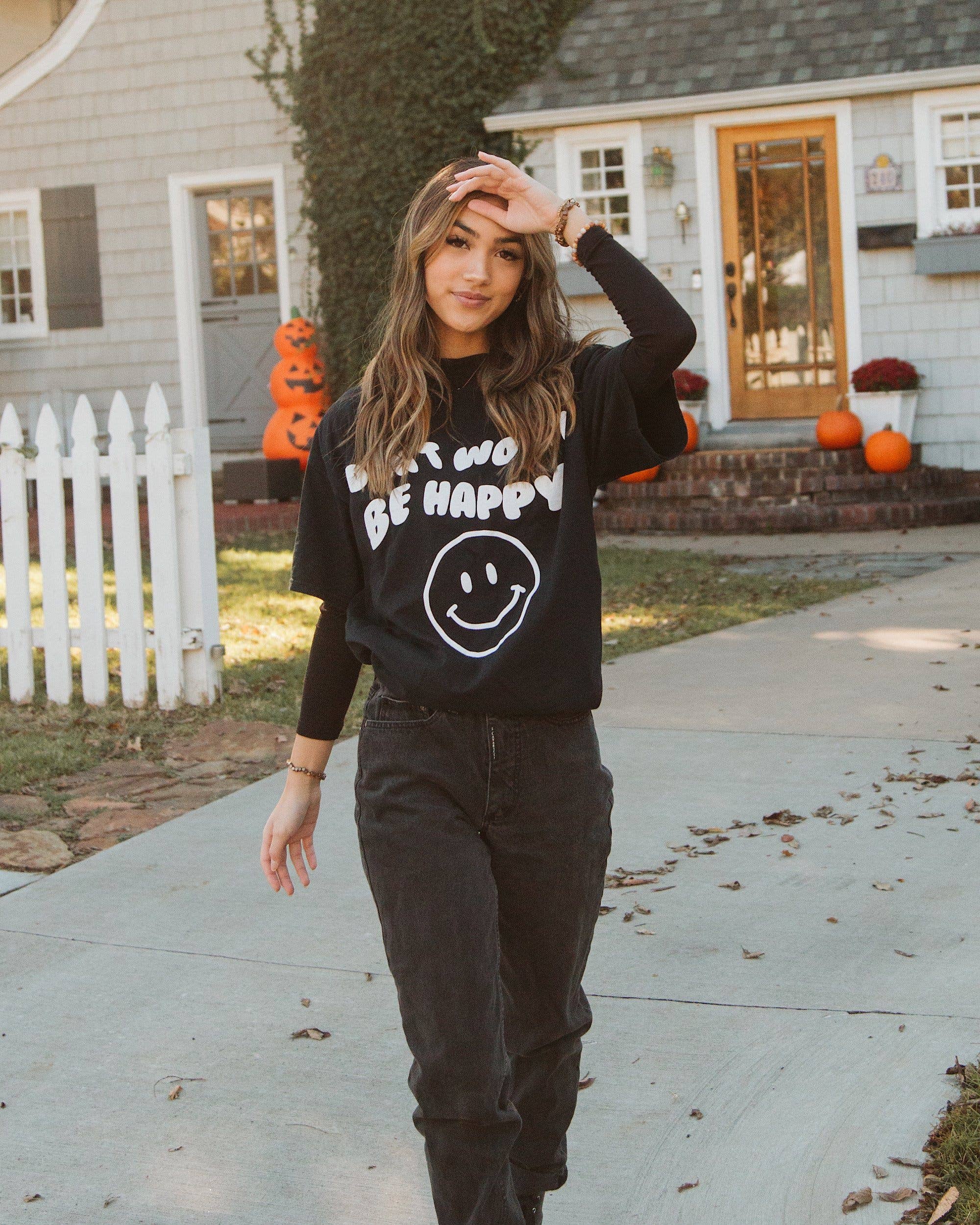 Don't Worry Be Happy Puff Ink Black Thrifted Graphic Tee Hoodie, Sweatshirt | PodTeesHub.com