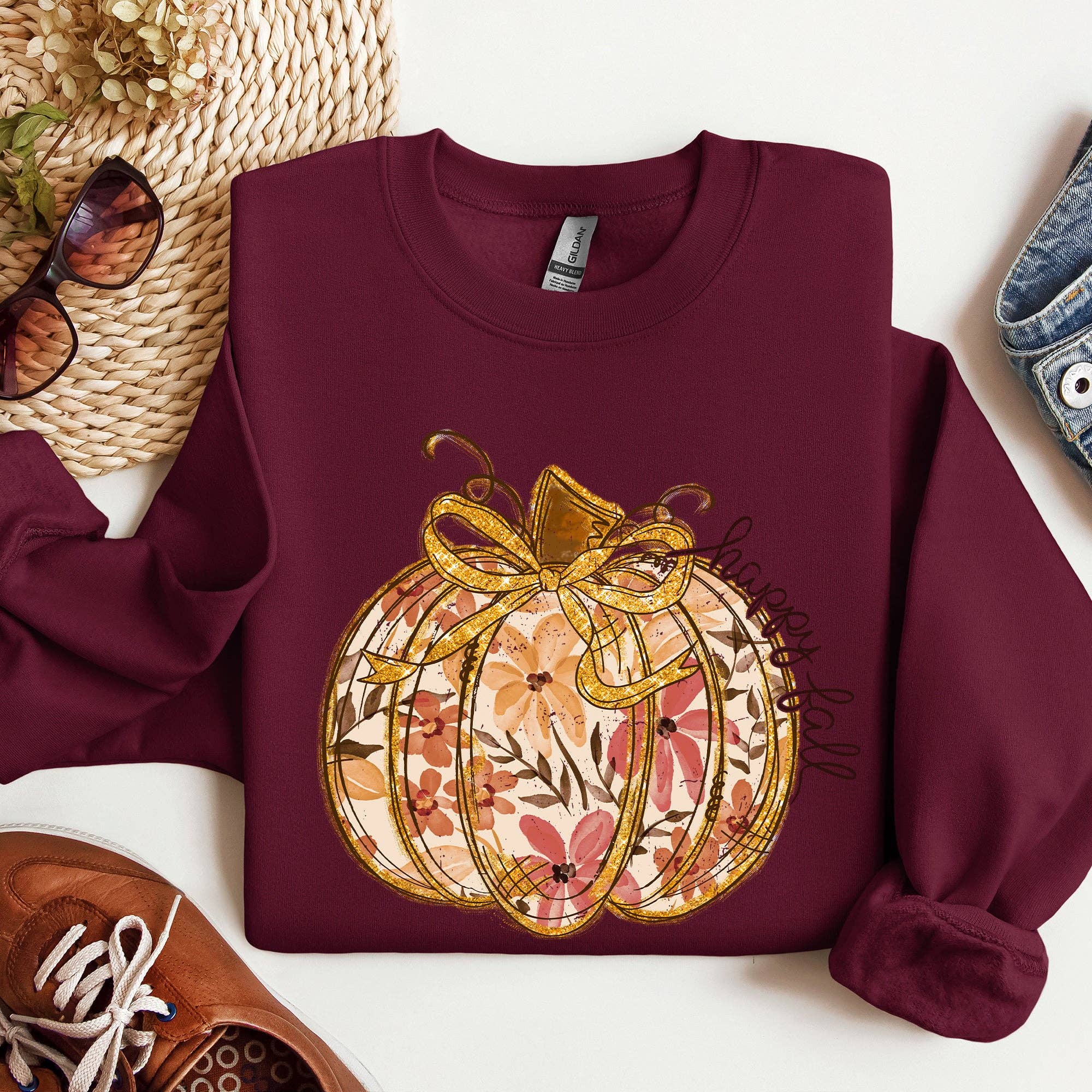 Floral Pumpkin, Happy Fall Autumn Thanksgiving Sweatshirt T-Shirts, Hoodie | PodTeesHub.com