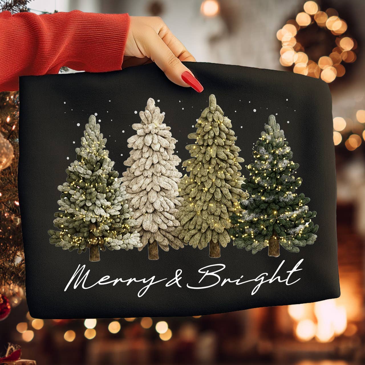 Faux Yarn Merry & Bright Trees Tee Hoodie, Sweatshirt | PodTeesHub.com
