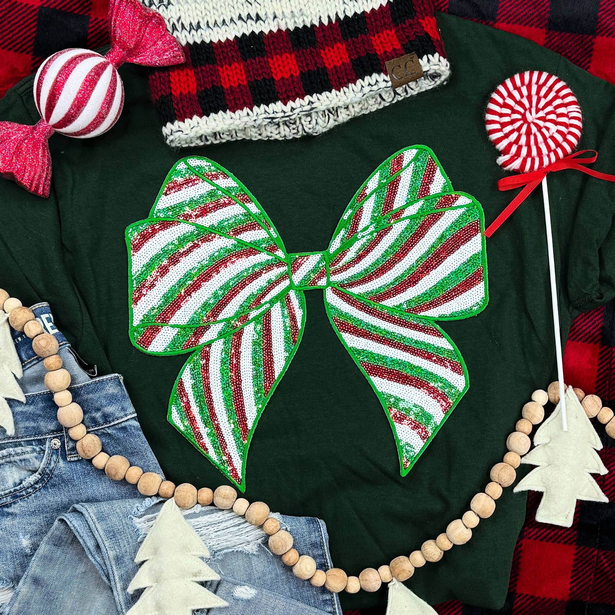 Red & Green Sequin Bow Tee Hoodie, Sweatshirt | PodTeesHub.com