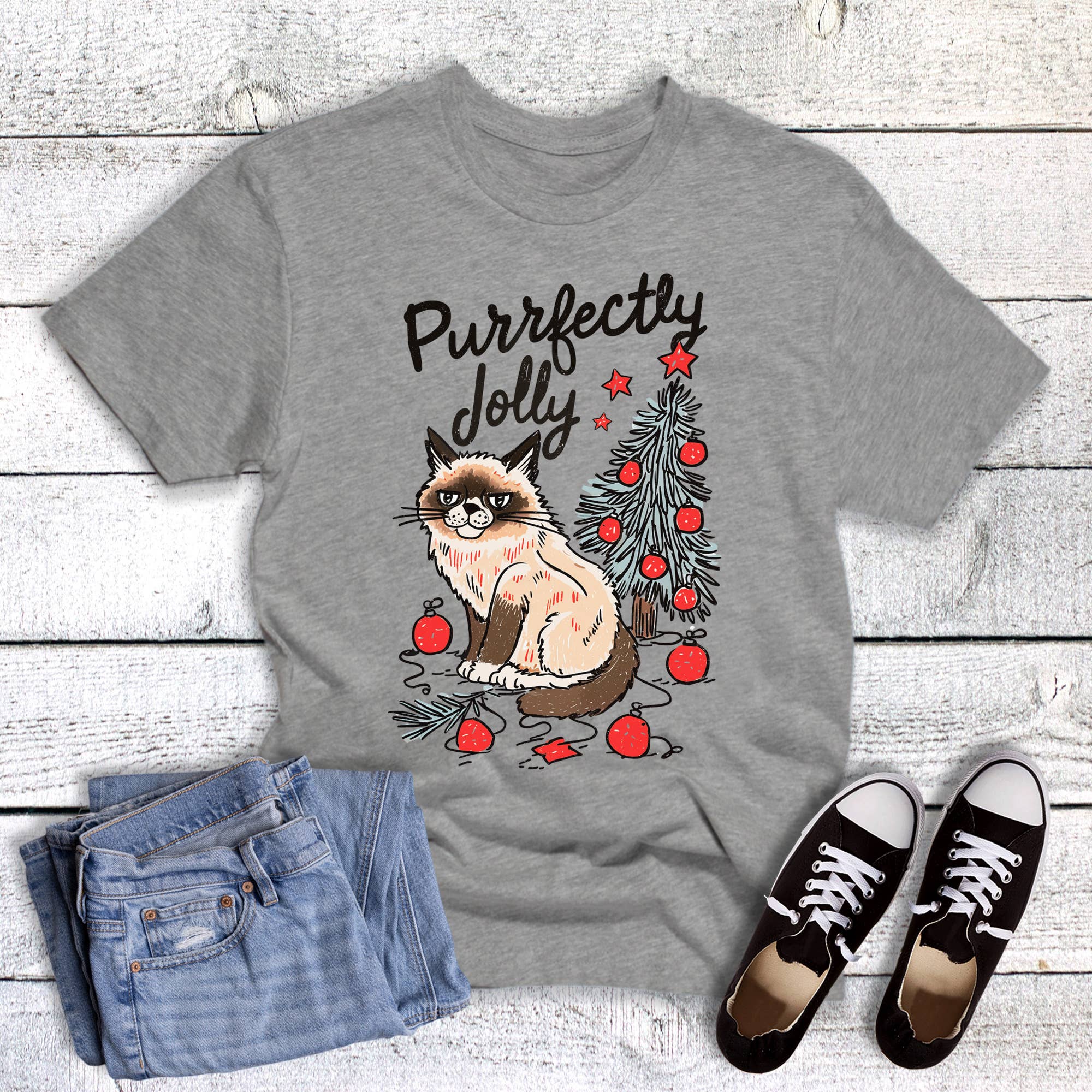 Christmas Cat Purrfectly Jolly Graphic Tee Hoodie, Sweatshirt | PodTeesHub.com