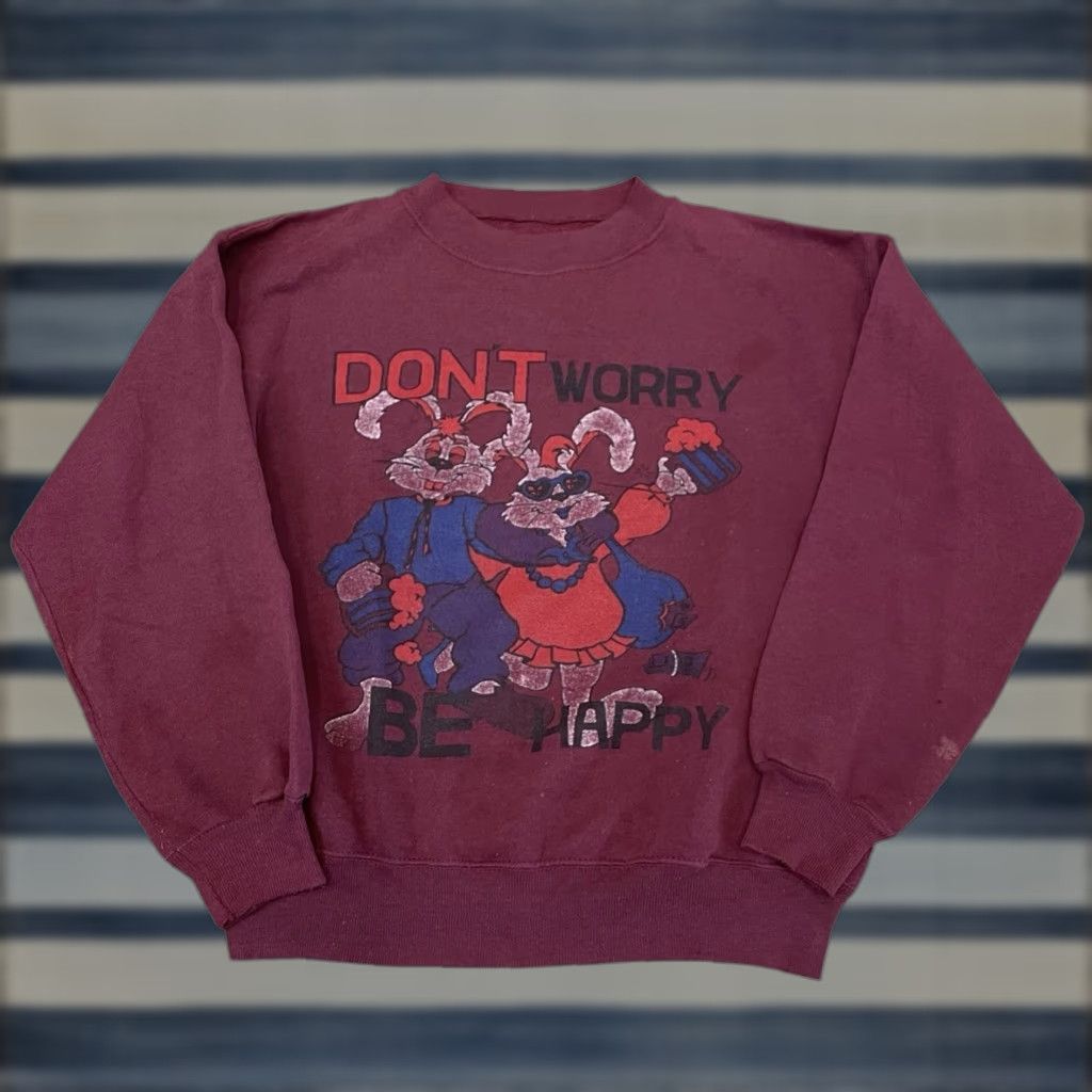Vintage Party Sweatshirt Don T Worry Be Happy Bunnies Crewneck 80s Shirt Mens Size M Gray Hoodie | PodTeesHub.com