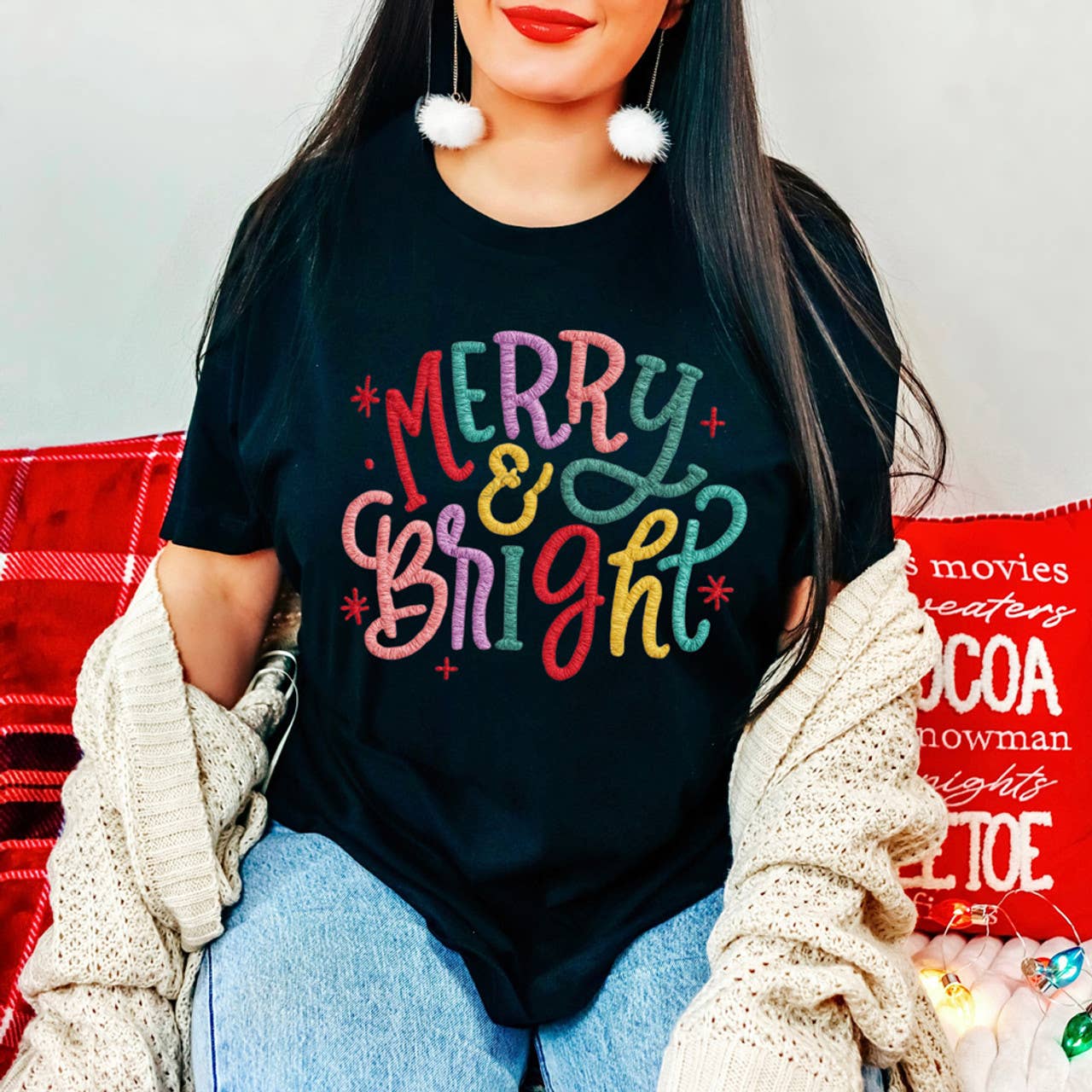 Faux Embroidery Merry & Bright Tee Hoodie, Sweatshirt | PodTeesHub.com