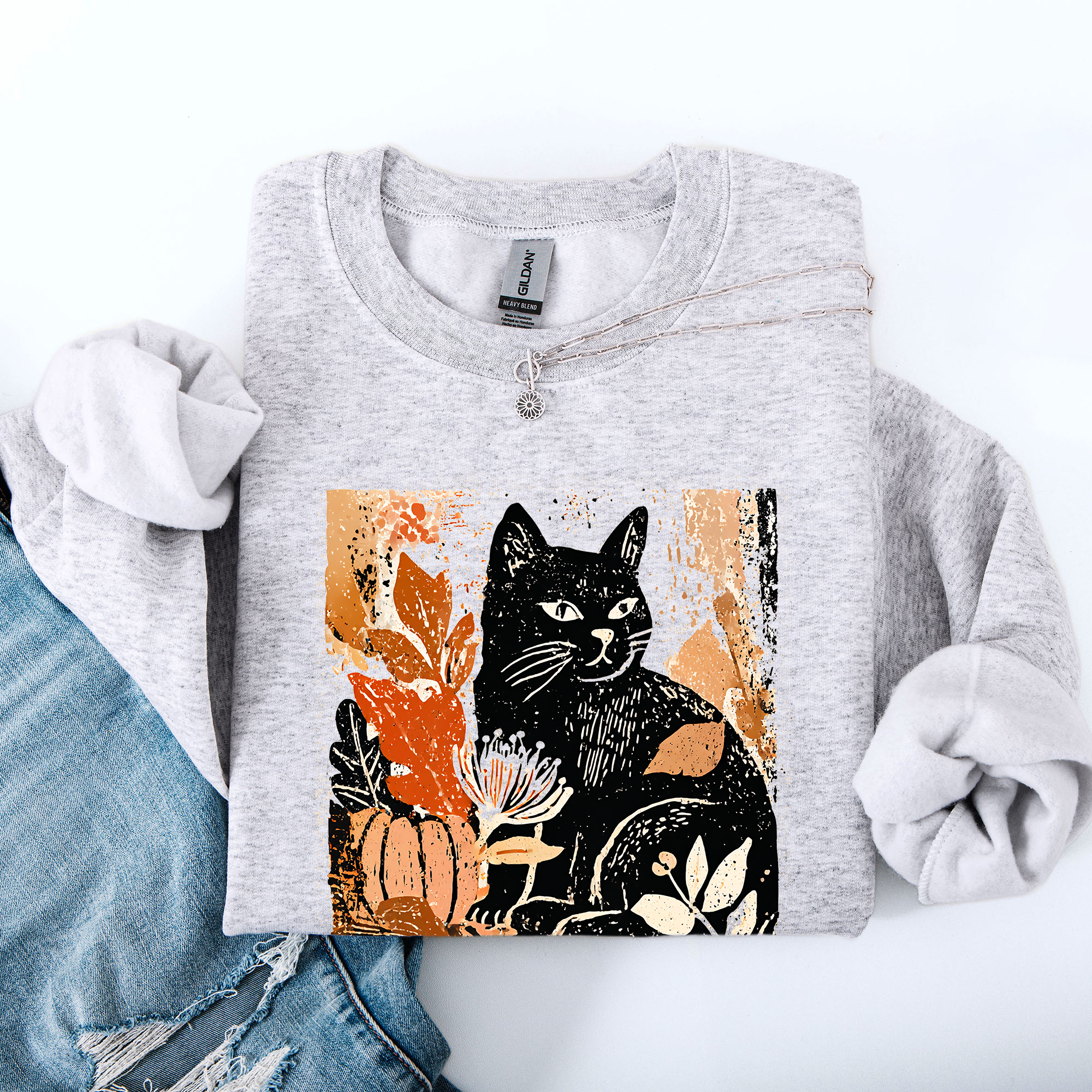 Vintage Black Cat, Halloween, Autumn Fall Pumpkin Sweatshirt T-Shirts, Hoodie | PodTeesHub.com