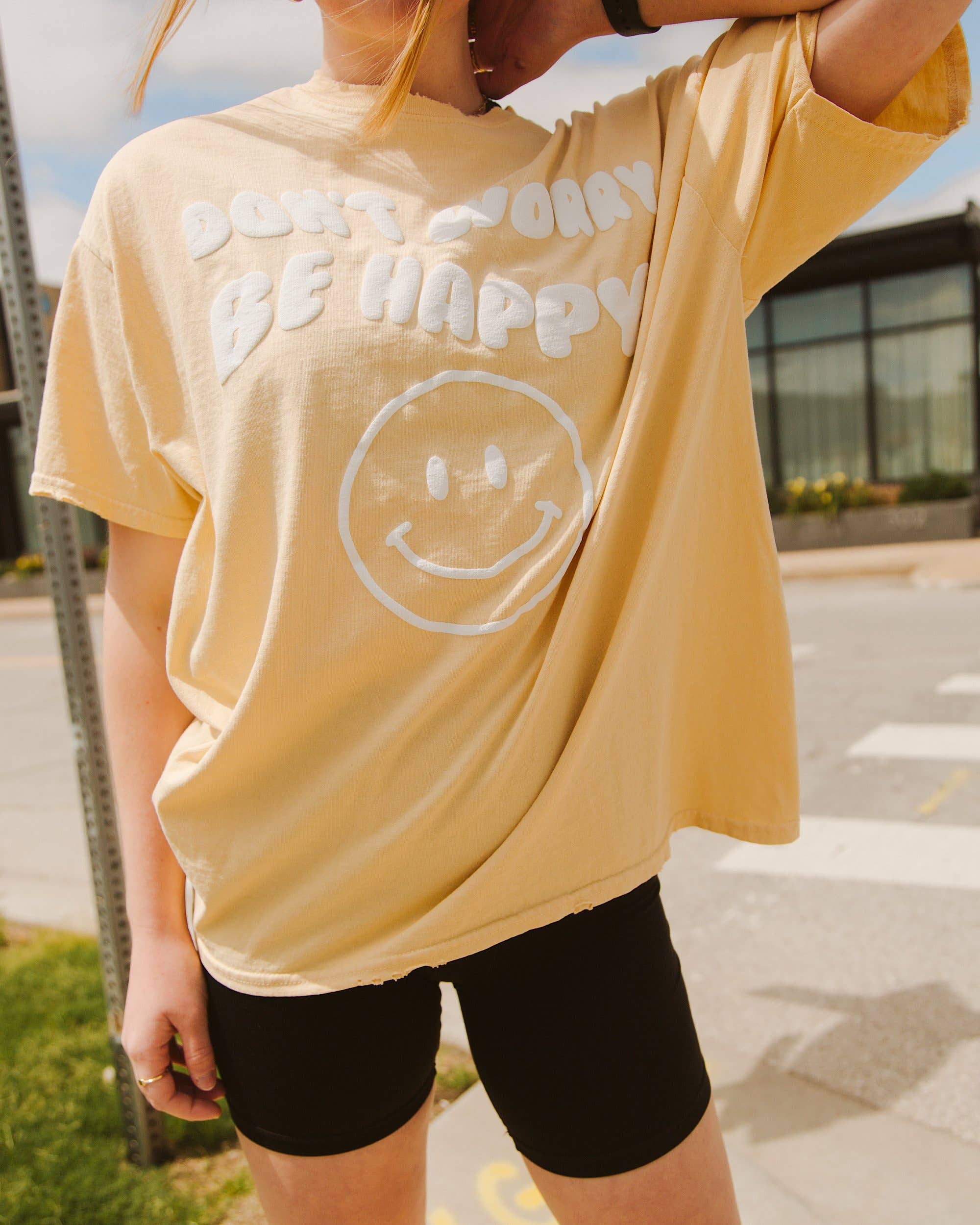 Don't Worry Be Happy Puff Ink Yellow Thrifted Graphic Tee Hoodie, Sweatshirt | PodTeesHub.com