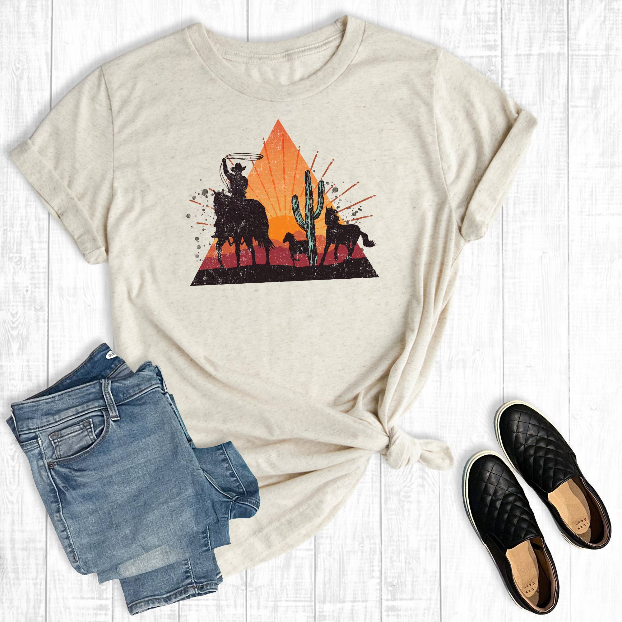 Western Sunset Cowboy Graphic Tee Hoodie, Sweatshirt | PodTeesHub.com
