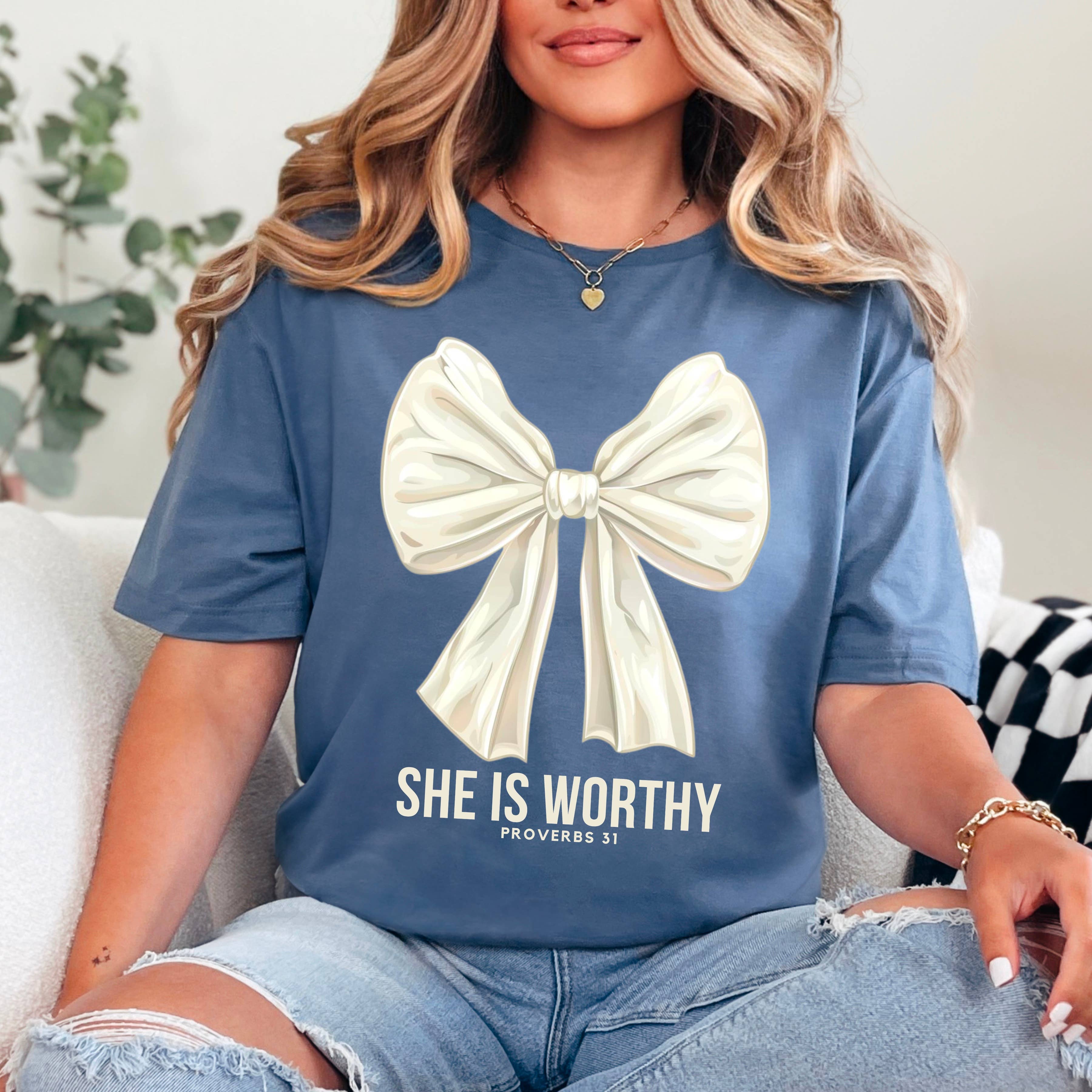 She Is Worthy Graphic Tee | Christian Apparel | Gildan Hoodie, Sweatshirt | PodTeesHub.com