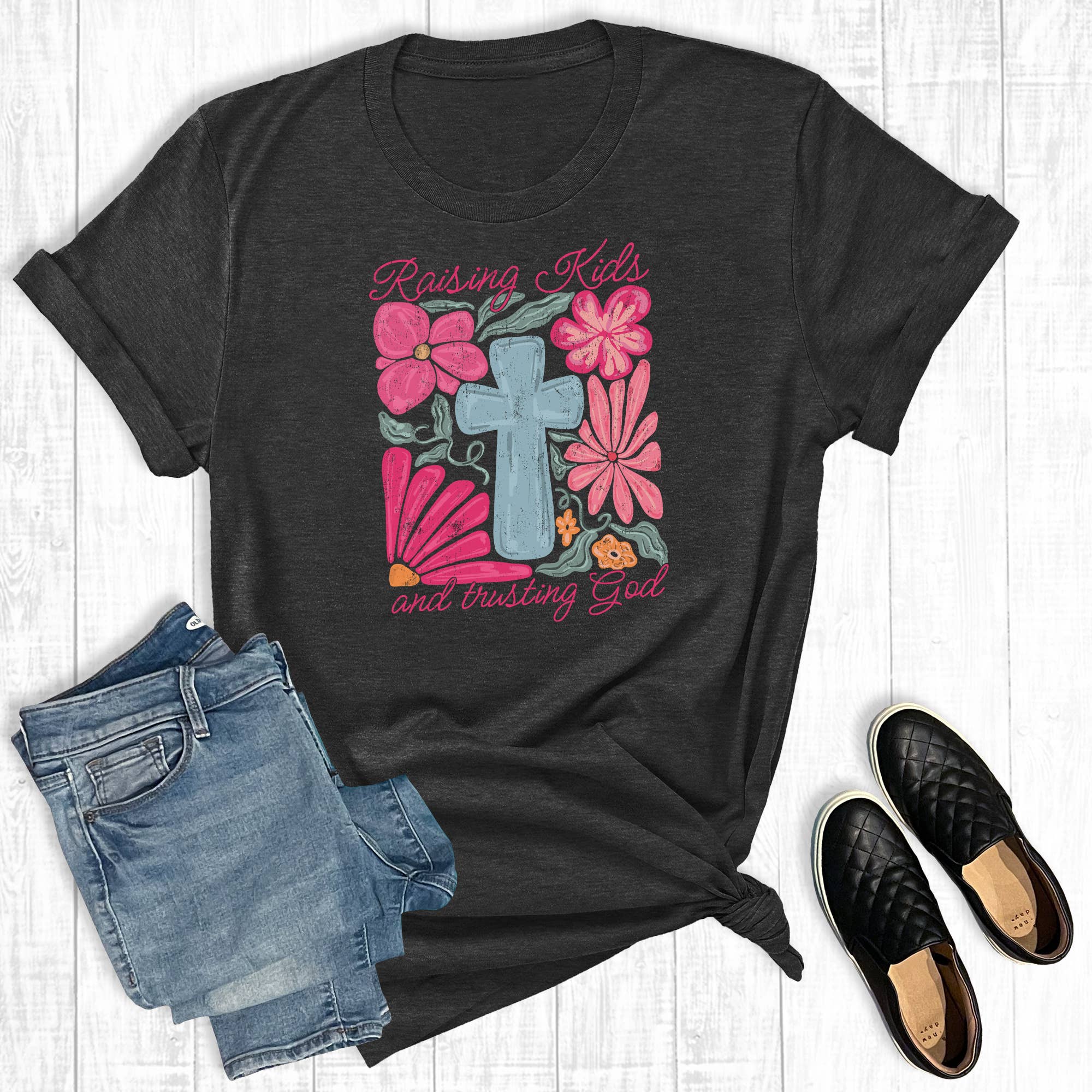 Motherhood Faith Raising Kids and Trusting God Graphic Tee Hoodie, Sweatshirt | PodTeesHub.com