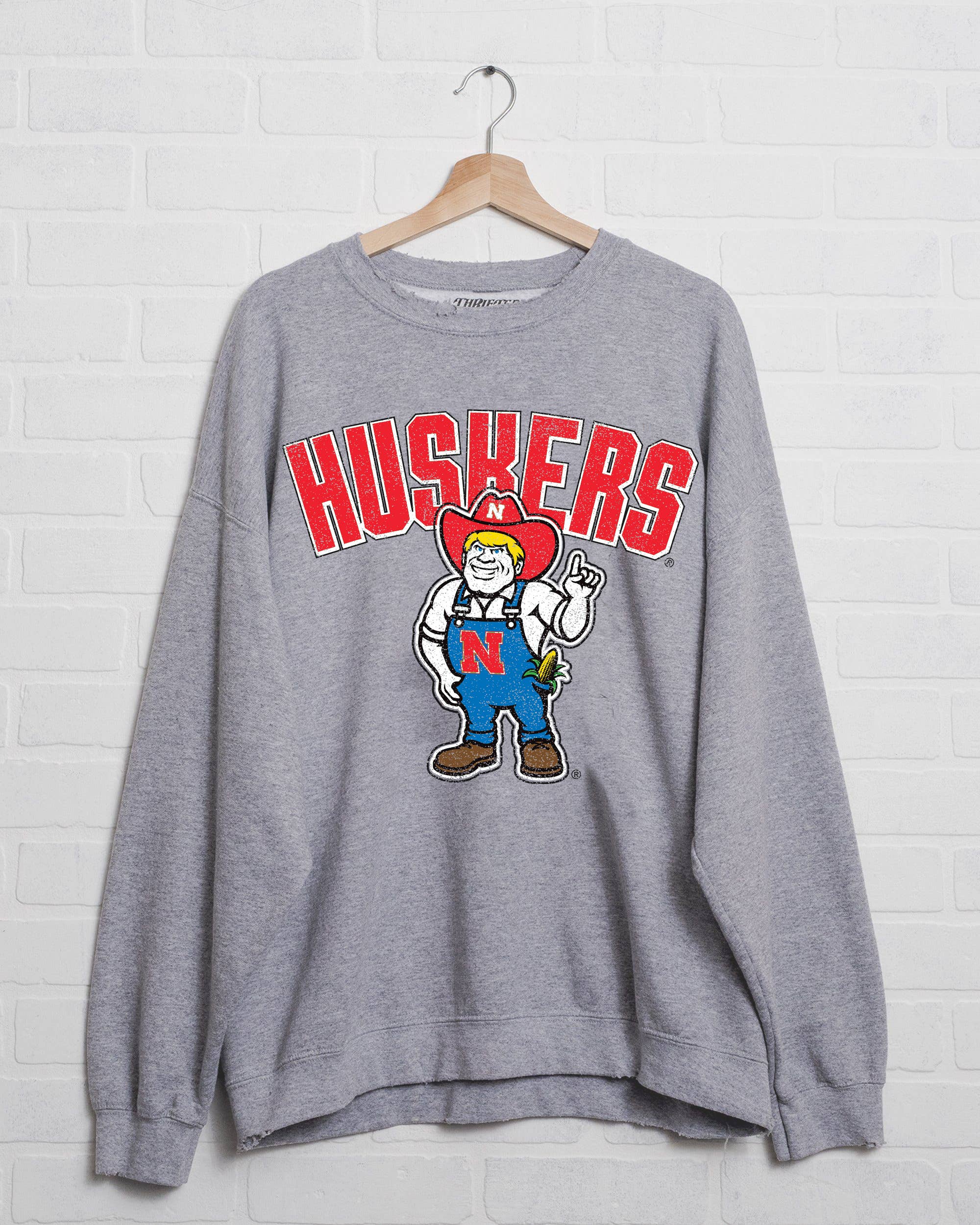 Nebraska Huskers Cartoon Mascot Gray Thrifted Sweatshirt T-Shirts, Hoodie | PodTeesHub.com