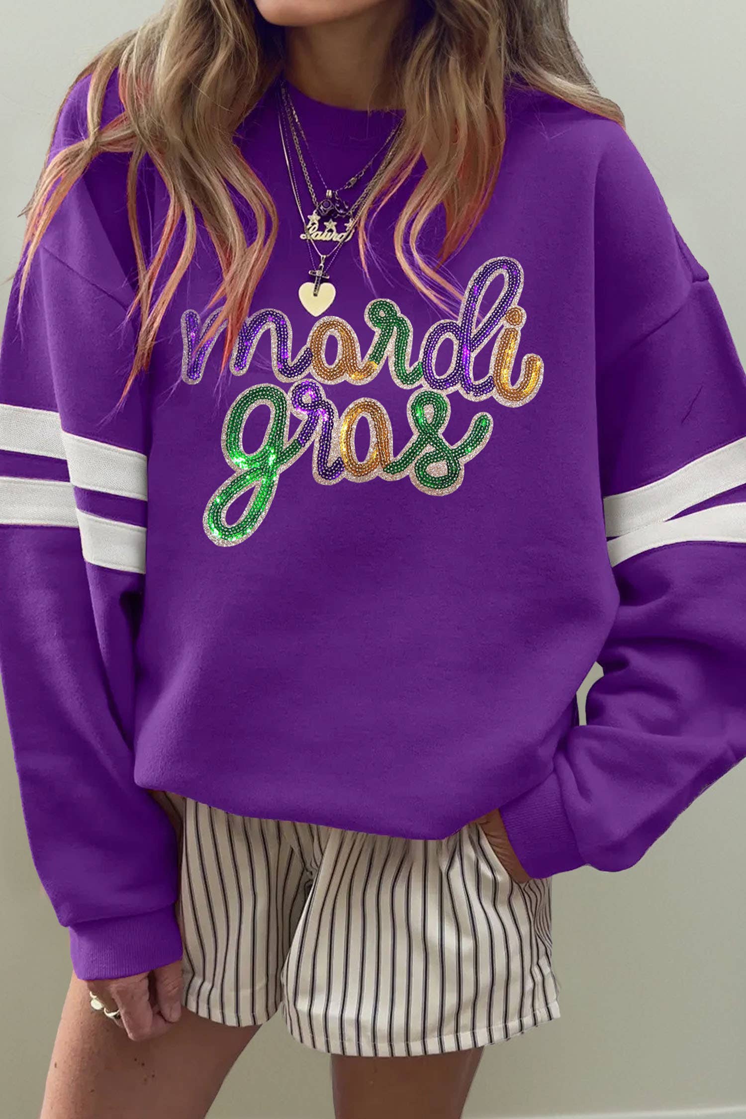 Sequin Mardi Gras Letter Graphic Varsity Sweatshirt (S-Xl) T-Shirts, Hoodie | PodTeesHub.com