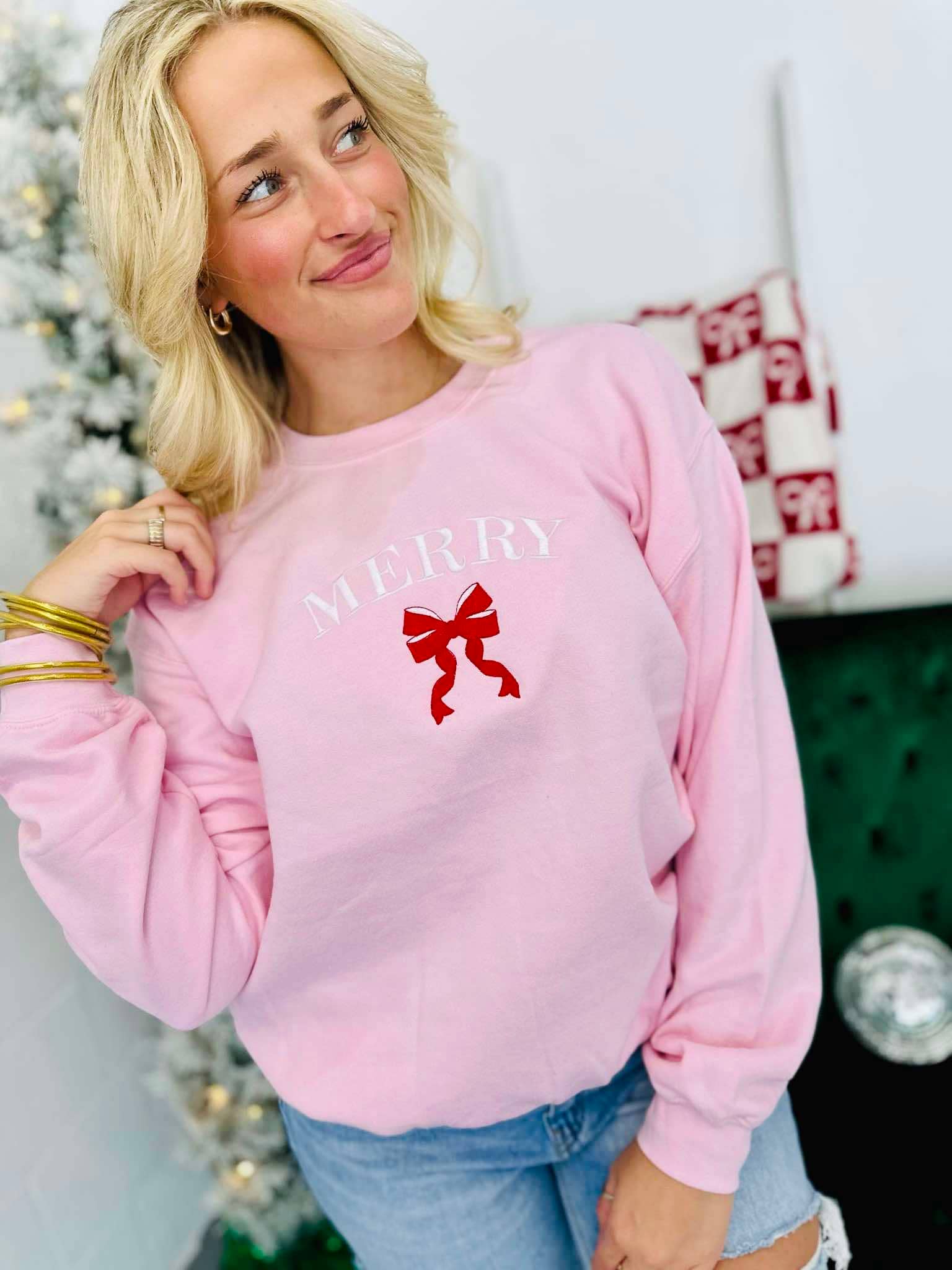 Curved Merry Coquette Bow Embroidered Sweatshirt T-Shirts, Hoodie | PodTeesHub.com