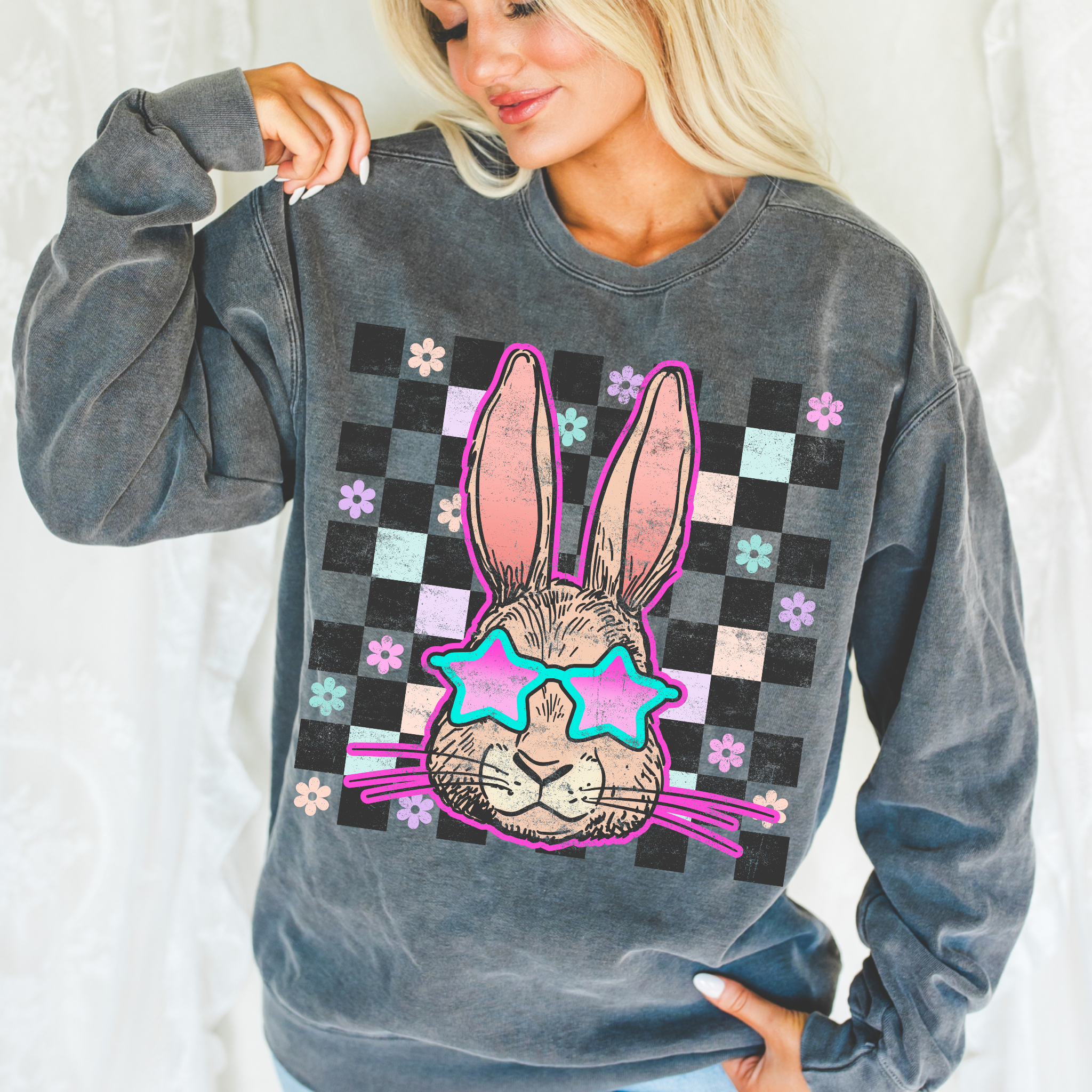 Retro Bunny Comfort Color Easter Graphic Tee Crewneck Hoodie, Sweatshirt | PodTeesHub.com