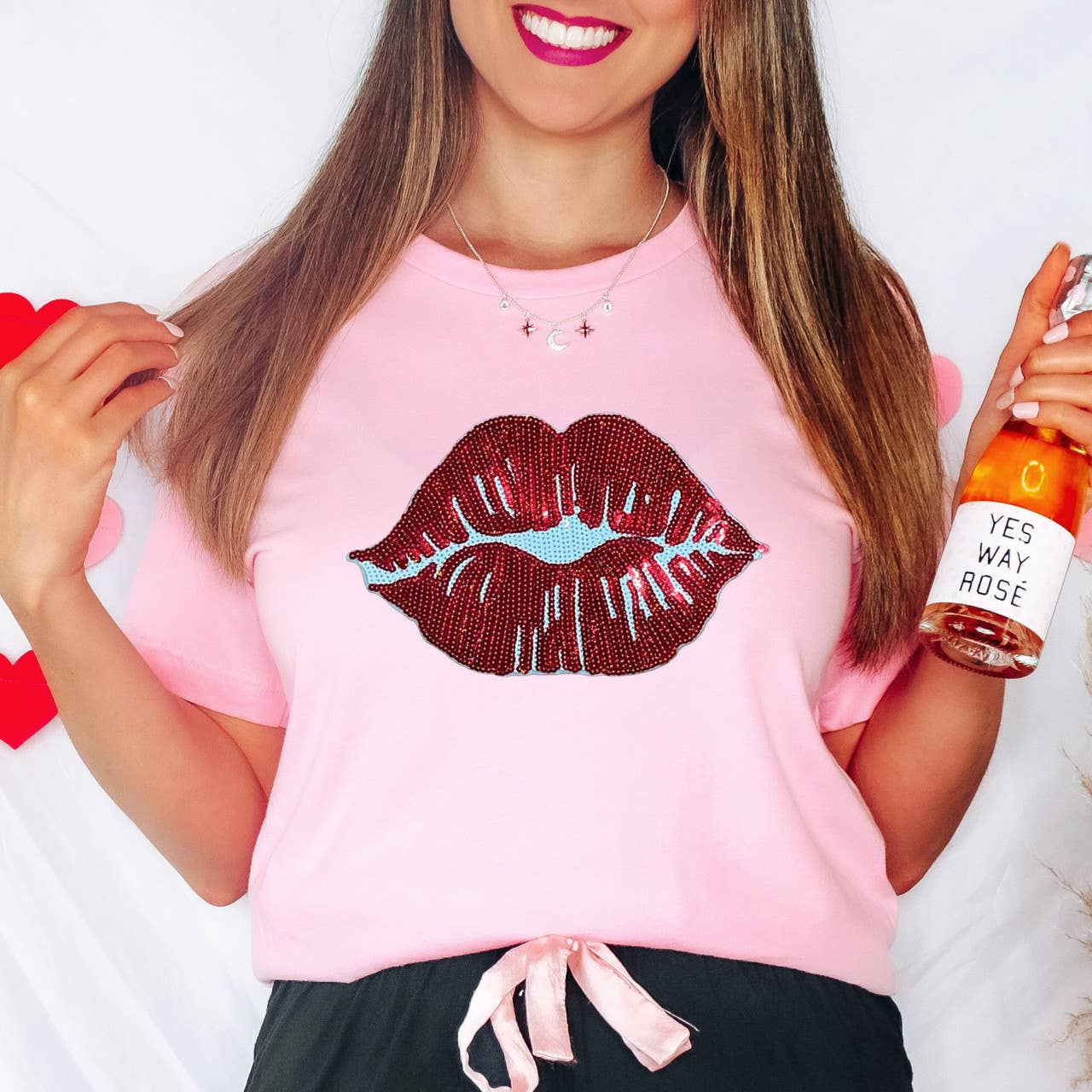 Red Lips Sequin Patch Everyday Tee Hoodie, Sweatshirt | PodTeesHub.com