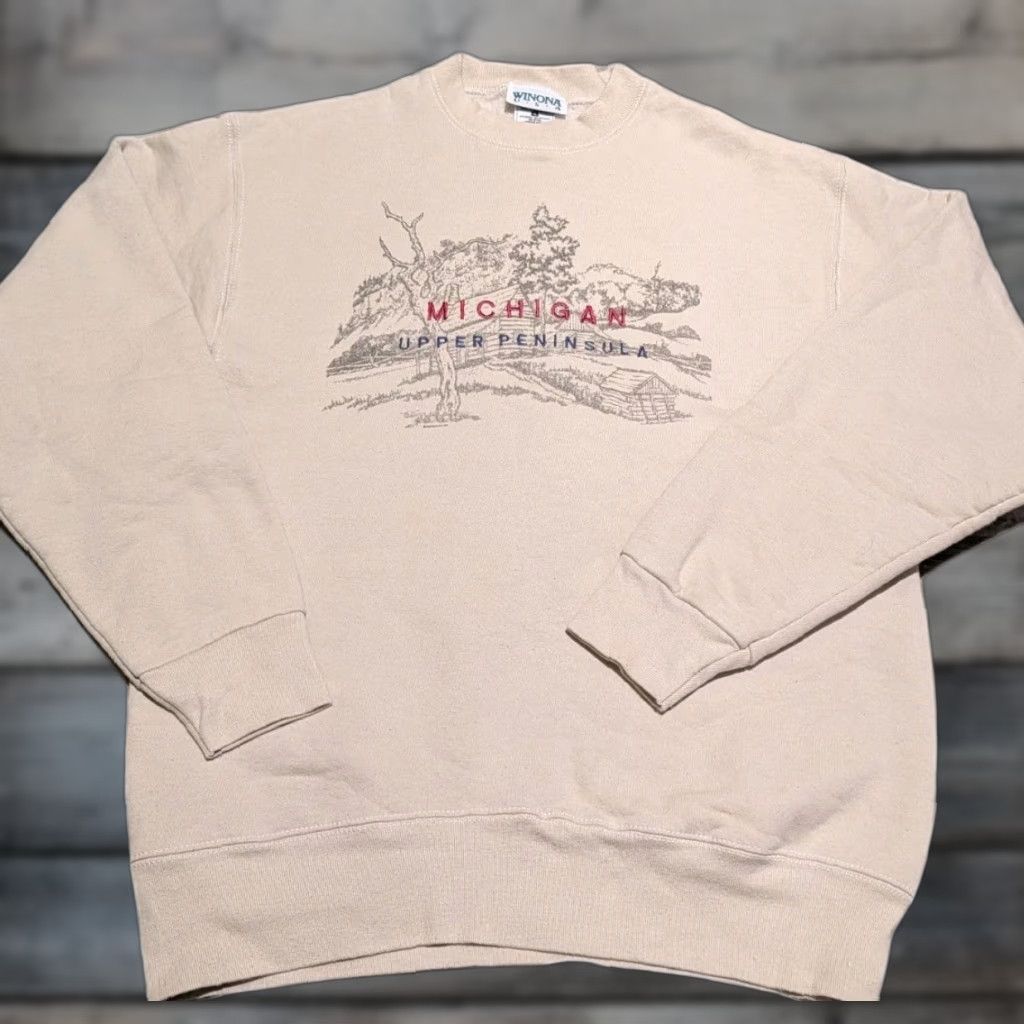 Vintage Upper Peninsula Michigan Crewneck Sweatshirt L Men Cream 90s Nature Deer Winona Usa T-Shirts, Hoodie | PodTeesHub.com