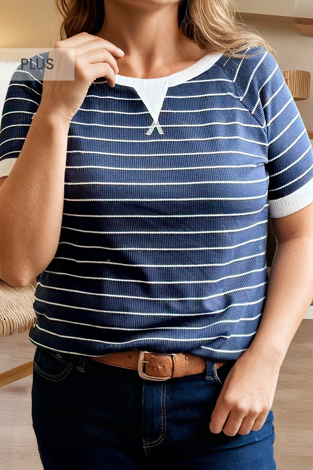 Plus Size Stripe Contrast Trim Ribbed T Shirt Hoodie, Sweatshirt | PodTeesHub.com