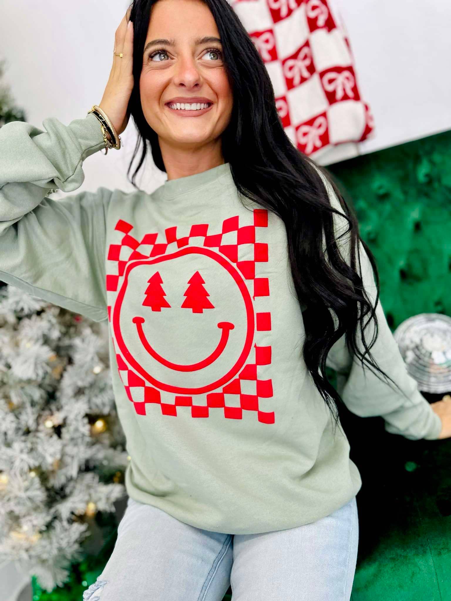 Checkered Happy Face Tree Eyes Puff Sweatshirt T-Shirts, Hoodie | PodTeesHub.com