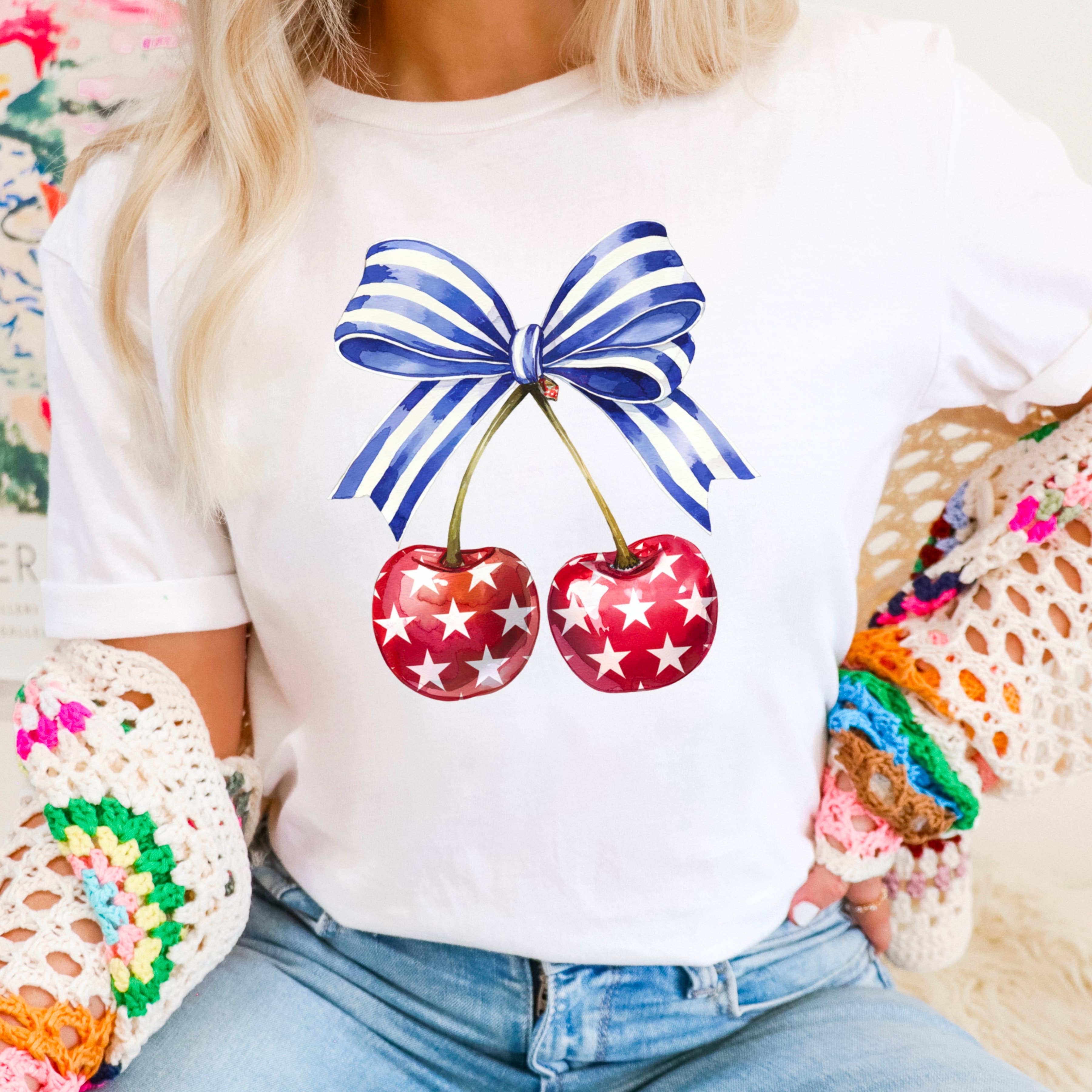 Coquette Cherries July 4th Graphic Tee | Gildan Hoodie, Sweatshirt | PodTeesHub.com