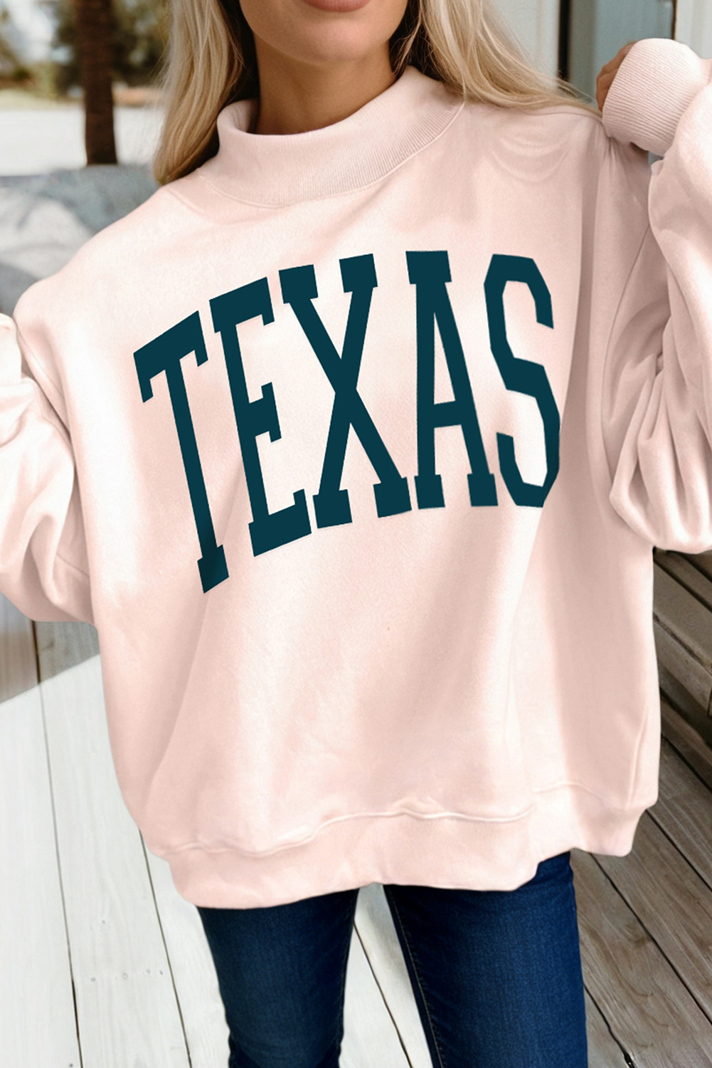 Texas Letter Printed Mock Neck Baggy Sweatshirt (S-Xl) T-Shirts, Hoodie | PodTeesHub.com