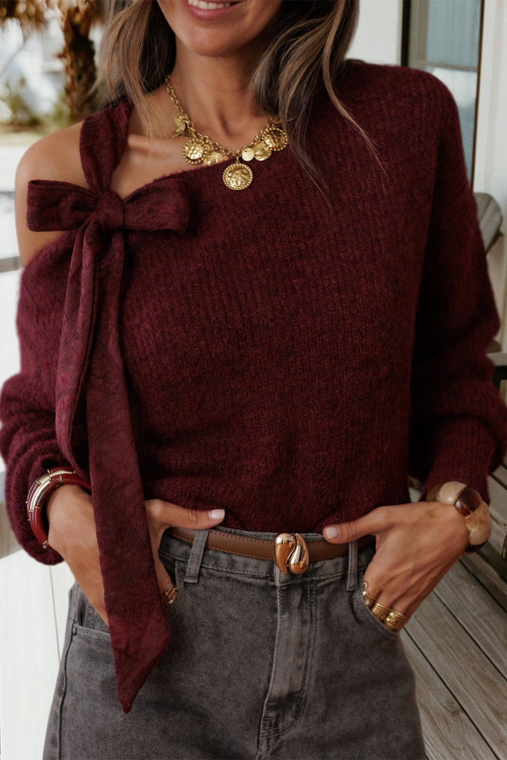 Asymmetric Neck Knit Lace Ribbon Knot Bow Sweater (S-Xl) T-Shirts, Hoodie, Sweatshirt | PodTeesHub.com