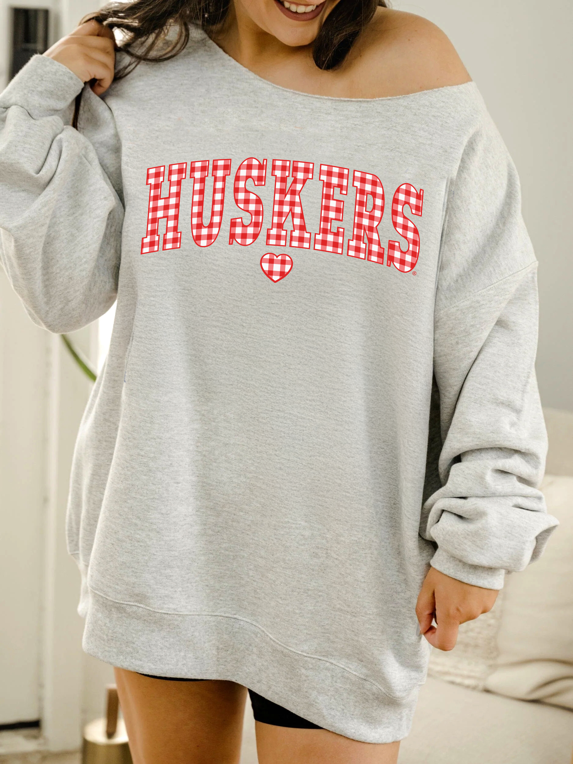 Nebraska Huskers Gingham Heart Gray Flashdance Sweatshirt T-Shirts, Hoodie | PodTeesHub.com