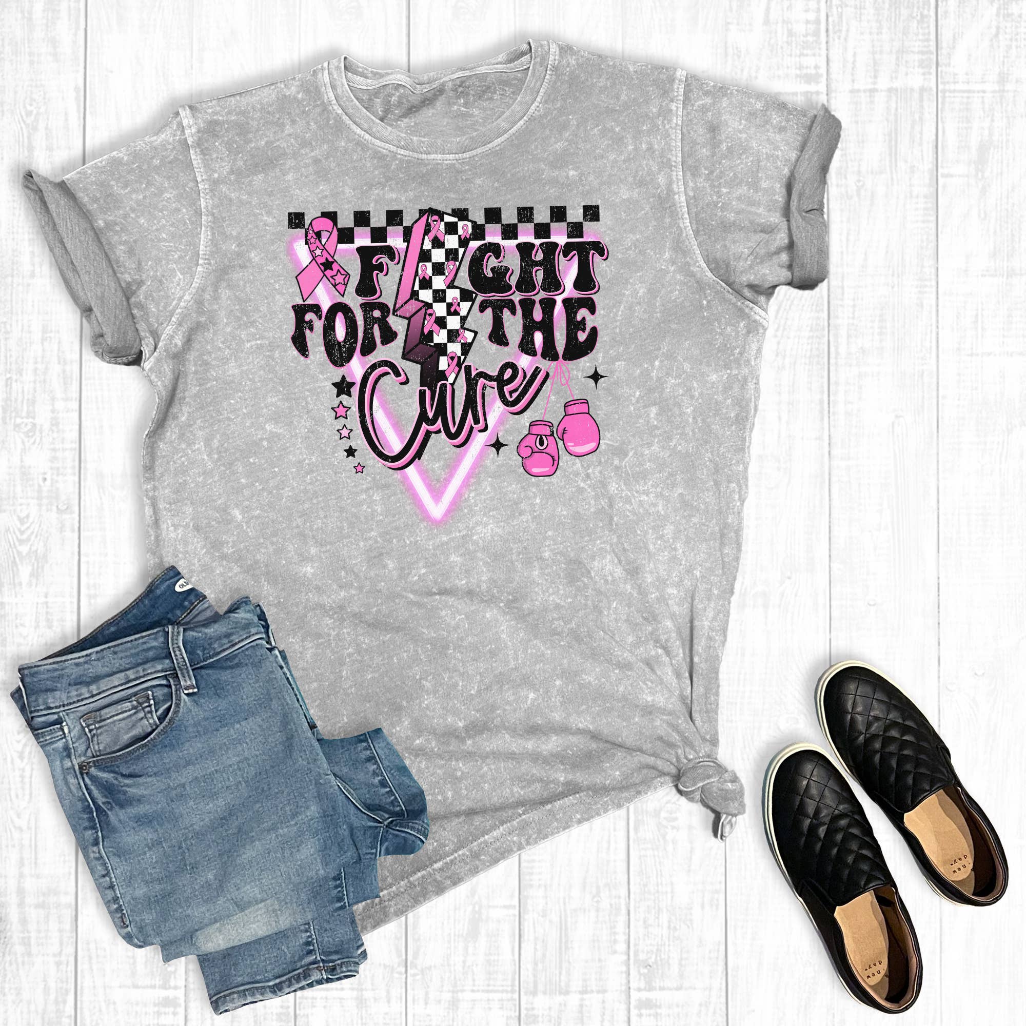 Breast Cancer Fight For the Cure Checkered Mineral Wash Tee Hoodie, Sweatshirt | PodTeesHub.com