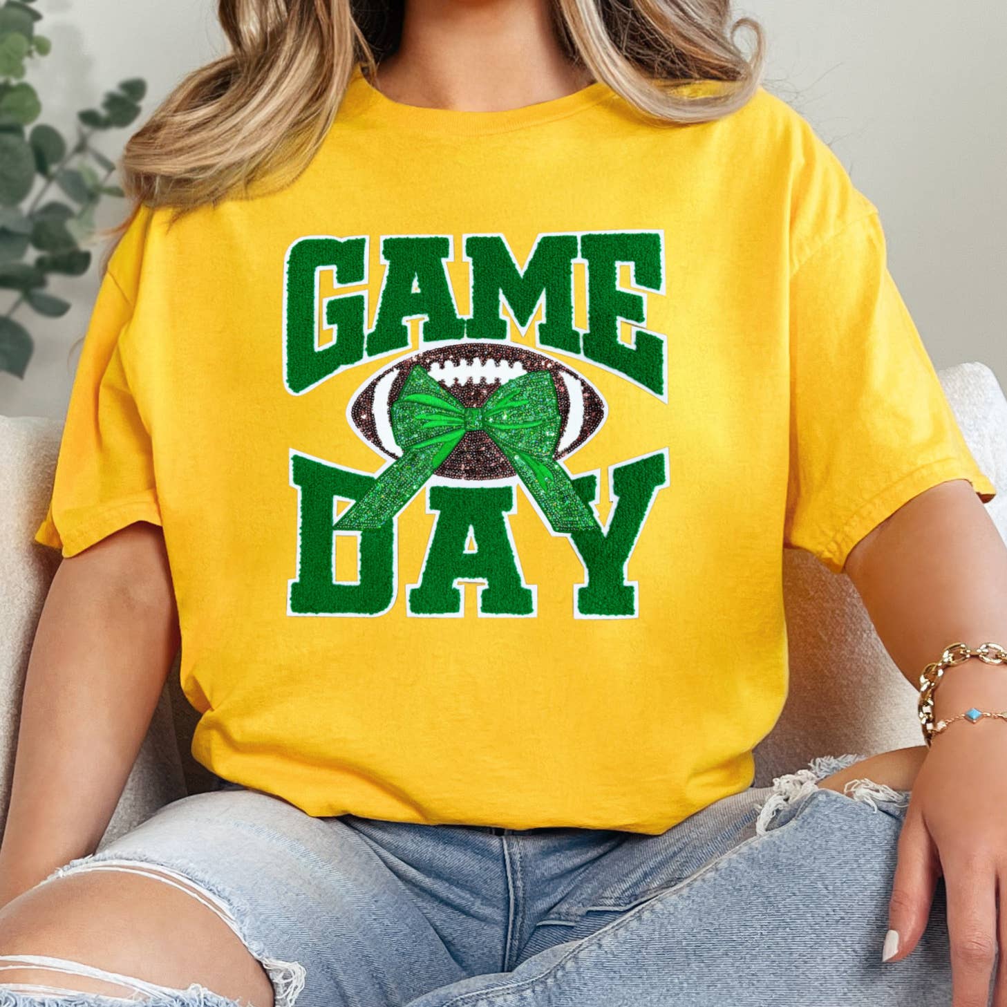Green Chenille Football Game Day with Sequin Bow Patch Gold Everyday Tee Hoodie, Sweatshirt | PodTeesHub.com