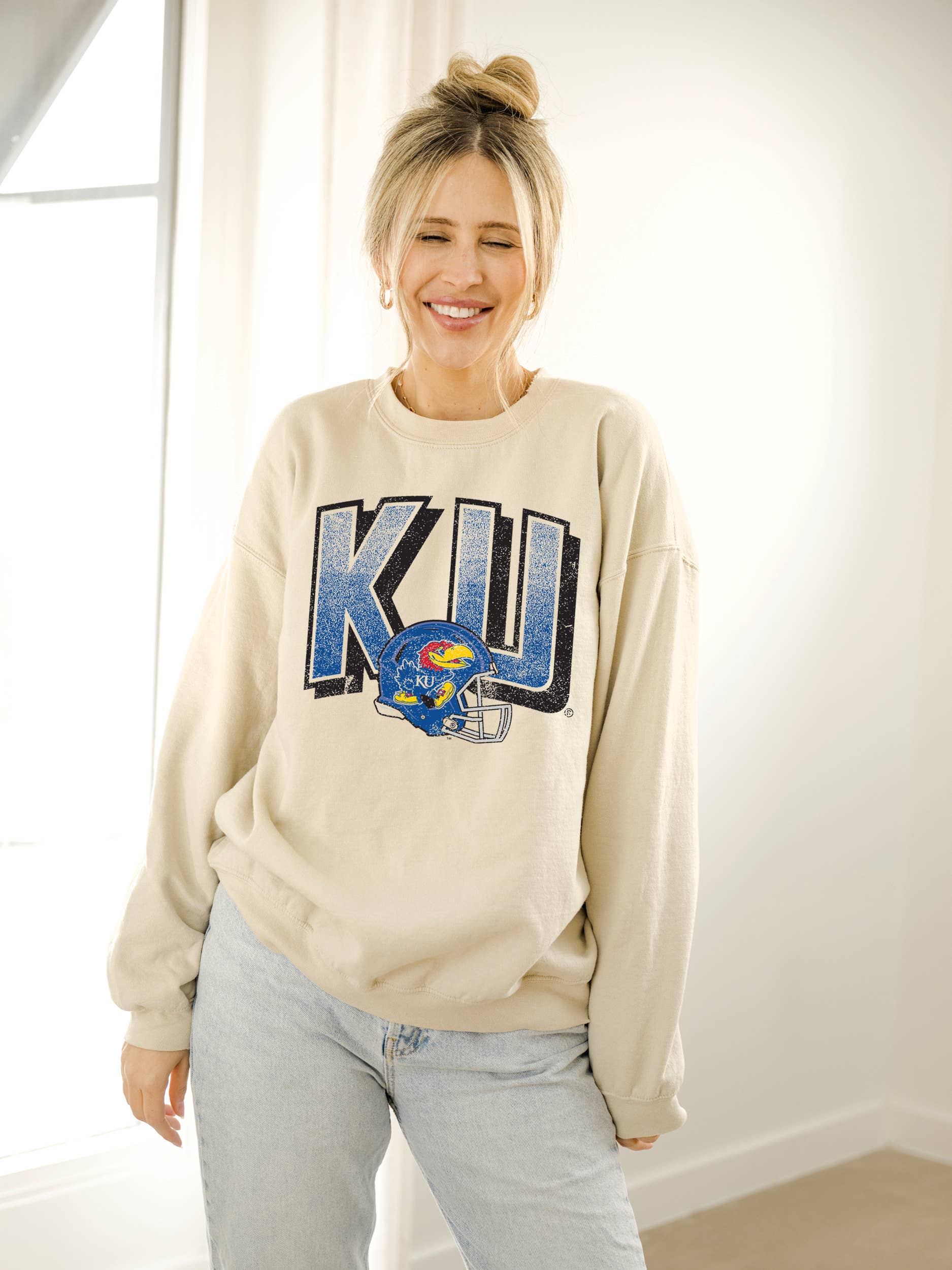 Ku Kansas Jayhawks Helmet Fade Sand Thrifted Sweatshirt T-Shirts, Hoodie | PodTeesHub.com