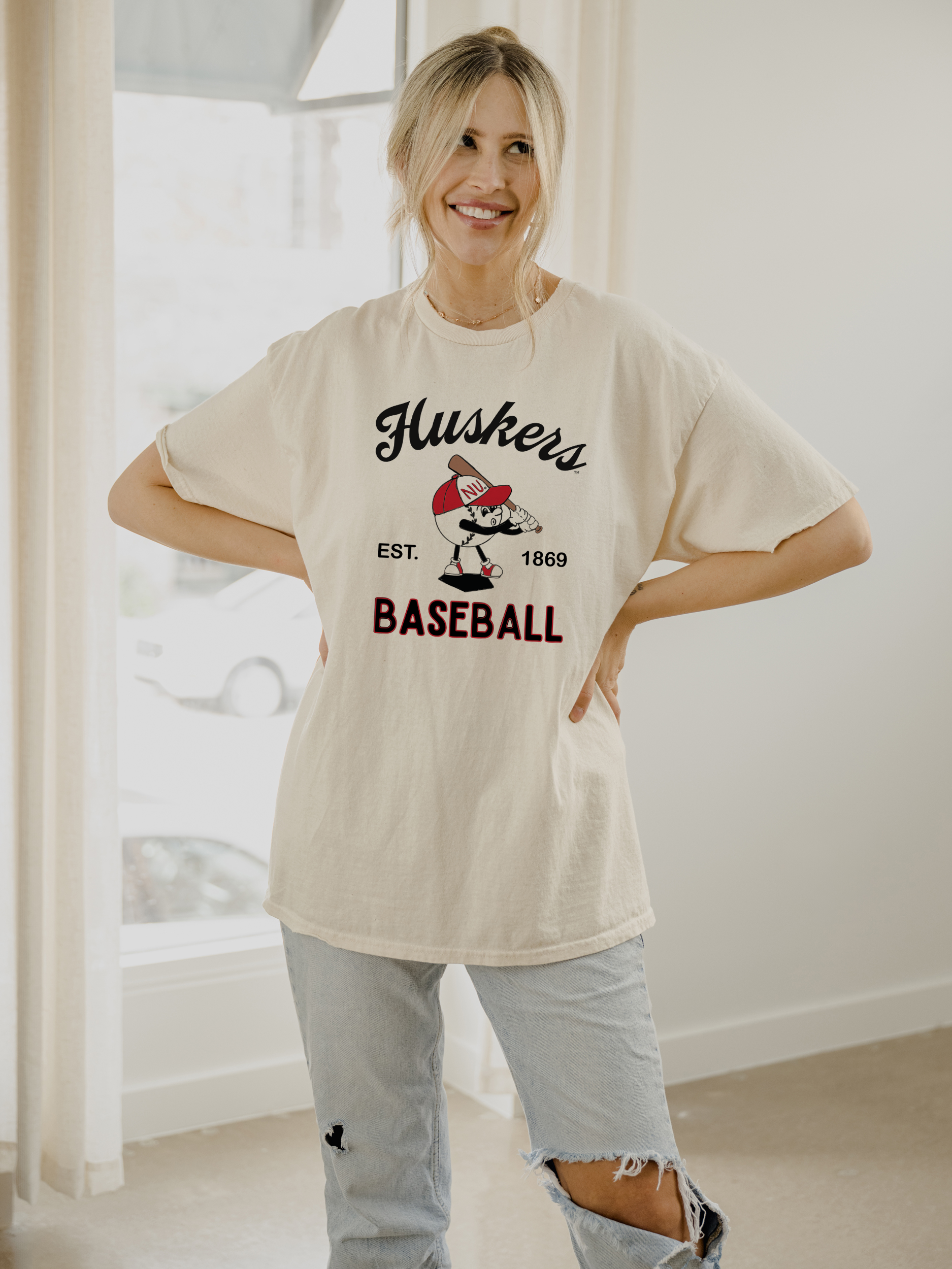 Nebraska Huskers Amusable Baseball Off White Thrifted Tee Hoodie, Sweatshirt | PodTeesHub.com