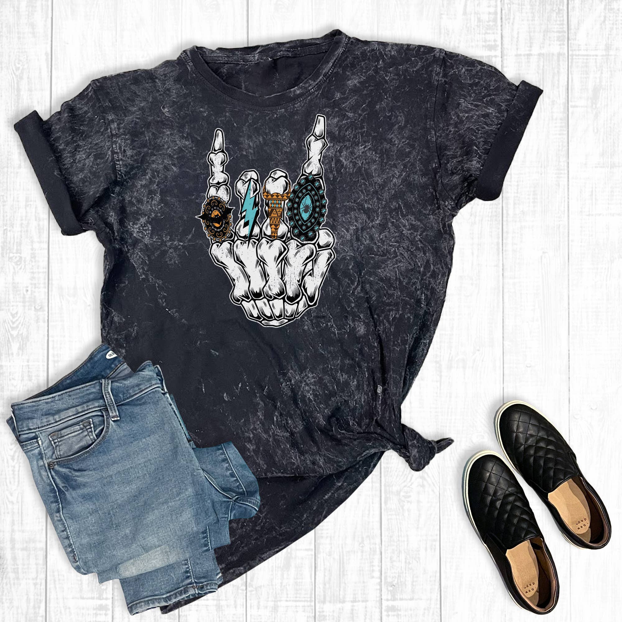 Western Halloween Turquoise Rock and Roll Mineral Wash Tee Hoodie, Sweatshirt | PodTeesHub.com