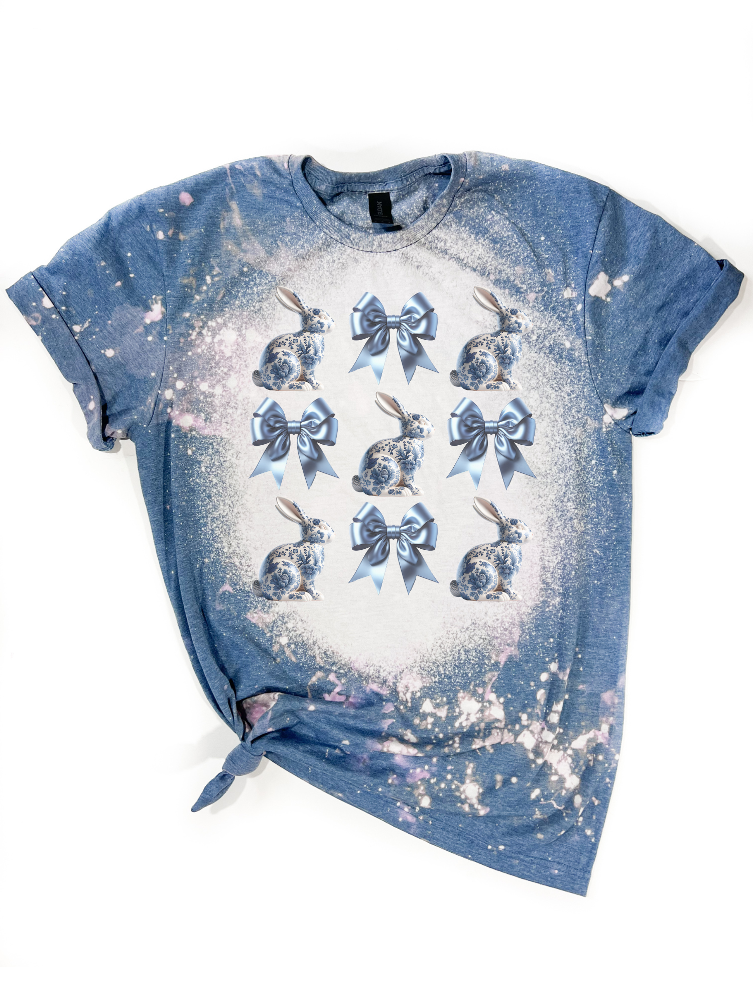 Blue Vintage Bunny + Bows – Bleached Easter Tee Hoodie, Sweatshirt | PodTeesHub.com
