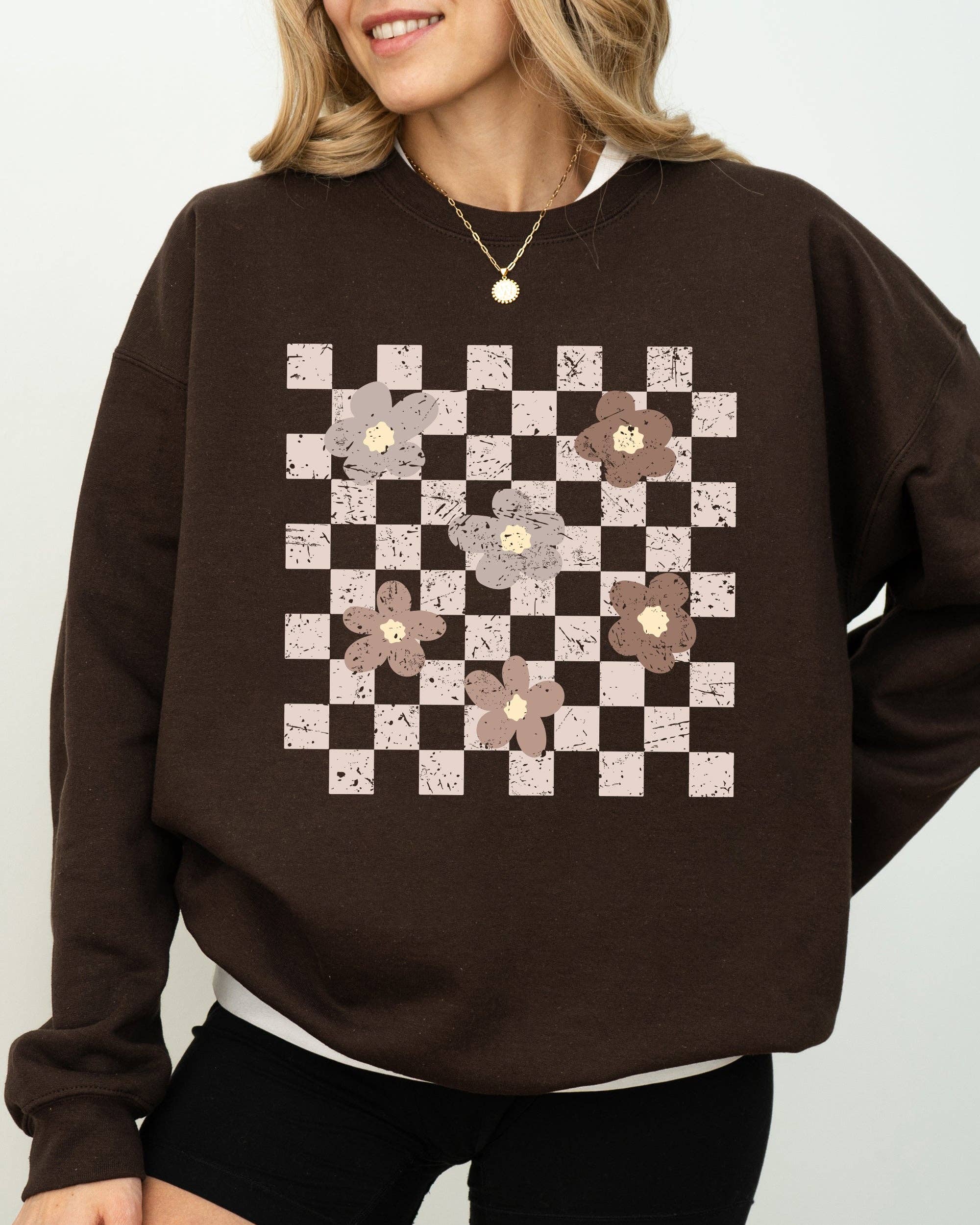Retro Minimalist Flowers Checkered Floral Daisies Sweatshirt T-Shirts, Hoodie | PodTeesHub.com