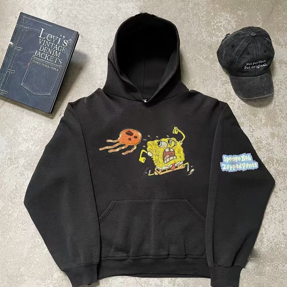 Vintage Black Retro Cartoon Spongebob Print Hoodie T-Shirts, Sweatshirt | PodTeesHub.com