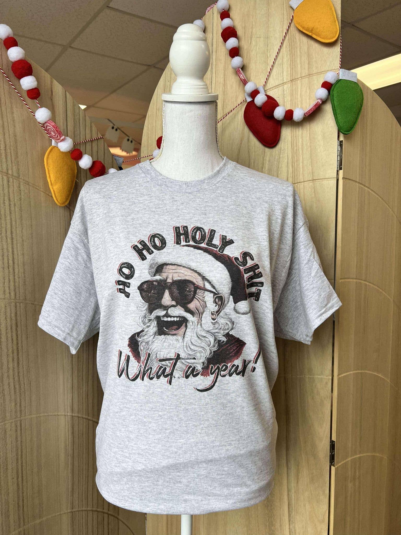 Ho Ho Holy Sh*T What A Year On Ash Gray Tee Hoodie, Sweatshirt | PodTeesHub.com