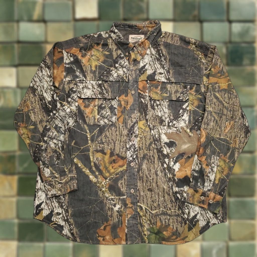 Vintage Fieldstaff Camouflage Shirt Mens Xl Brown Brushed Twill Flannel Mossy Oak Hunt Shirt Hoodie, Sweatshirt
