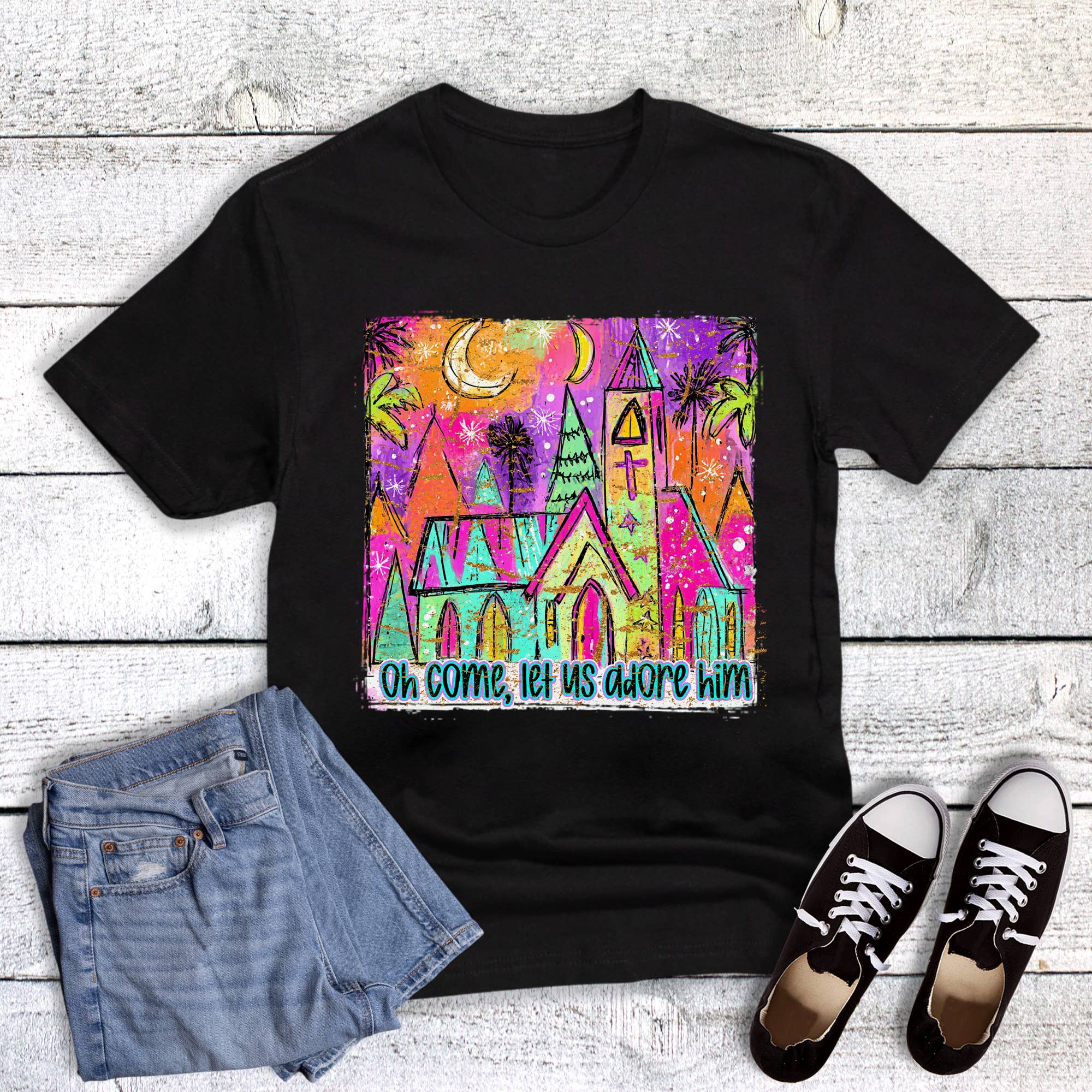 Christmas Faith Watercolor Let Us Adore Graphic Tee Hoodie, Sweatshirt | PodTeesHub.com