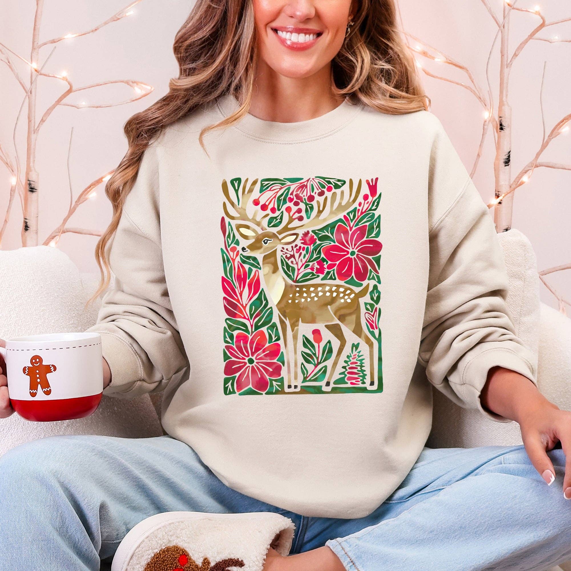 Christmas Deer, Colorful, Flowers, Santa, Snow Sweatshirt T-Shirts, Hoodie | PodTeesHub.com