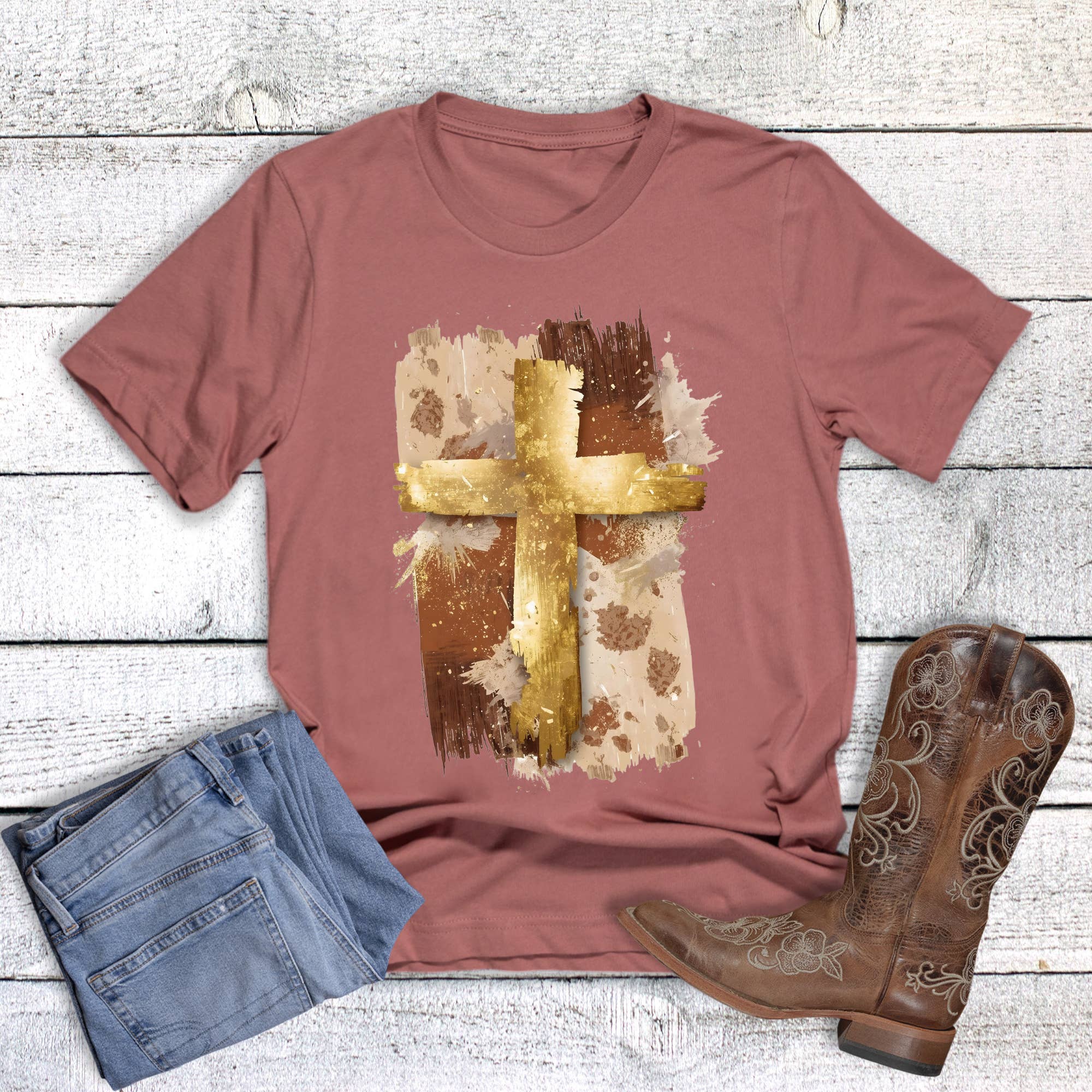 Faith Gold Brushstroke Cross Graphic Tee Hoodie, Sweatshirt | PodTeesHub.com