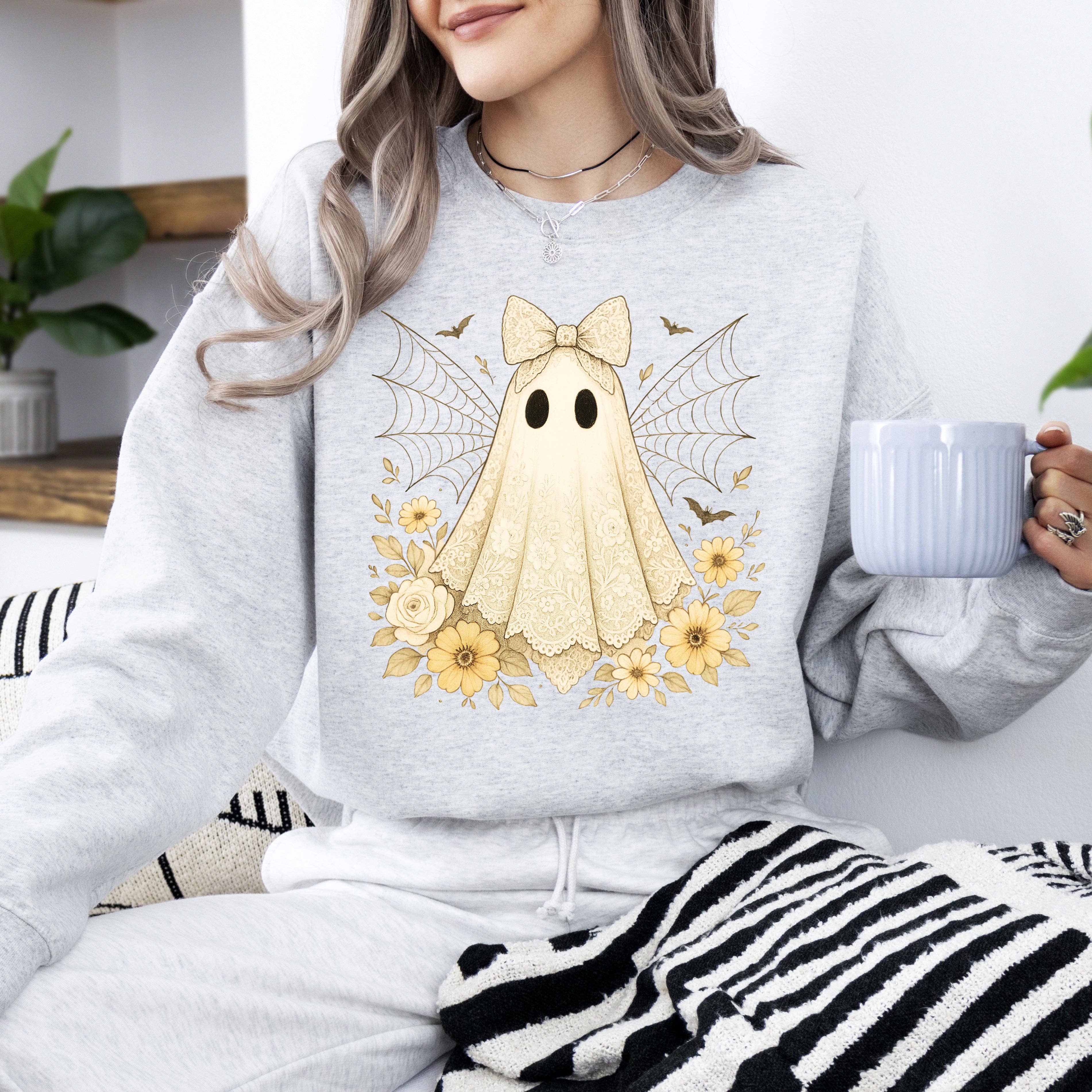 Vintage Ghost, Lace, Spider Web, Halloween, Fall Sweatshirt T-Shirts, Hoodie | PodTeesHub.com