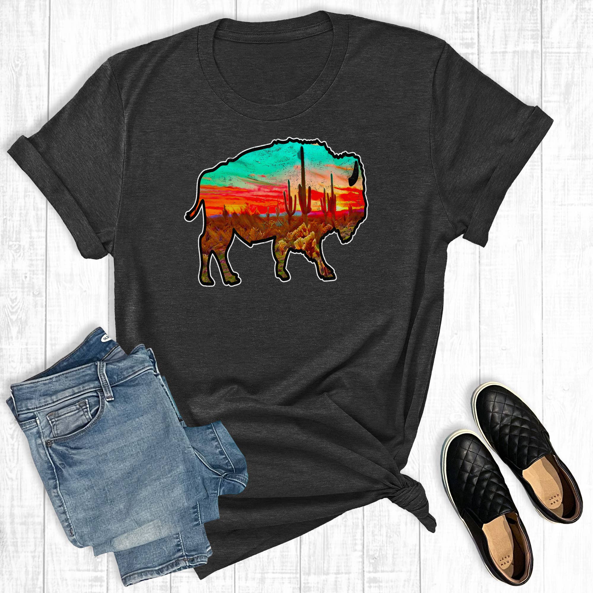 Western Desert Bison Graphic Tee Hoodie, Sweatshirt | PodTeesHub.com