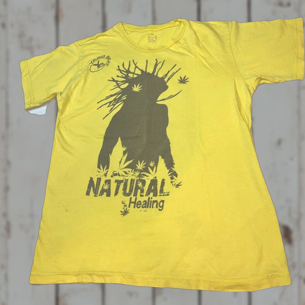 Vintage Yard Beat T Shirt Jamaica Rasta Reggae Natural Healing Yellow Cotton Short Sleeve Un Hoodie, Sweatshirt