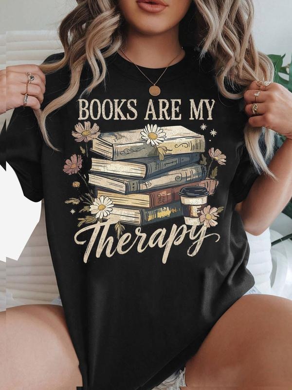 1 Piece Book Lover's Gift T-Shirt, Cottagecore Aesthetic Top with Vintage Book and Daisy Print, Women's All-Season Daily...