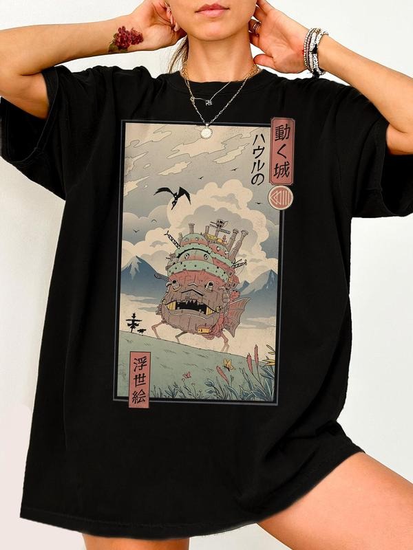 1 Piece Howl's Moving Castle Anime T-Shirt, Ukiyo-e Japanese Art Style, Loose Fit Short Sleeve, Four-Season Wearable, For...
