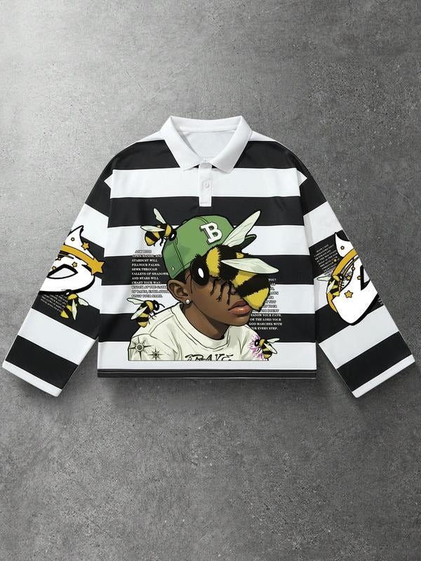 1 Piece Men's Long-Sleeve Polo Shirt, Streetwear Style with Black-White Stripe, Graphic Bee and Poetic Text Print for...