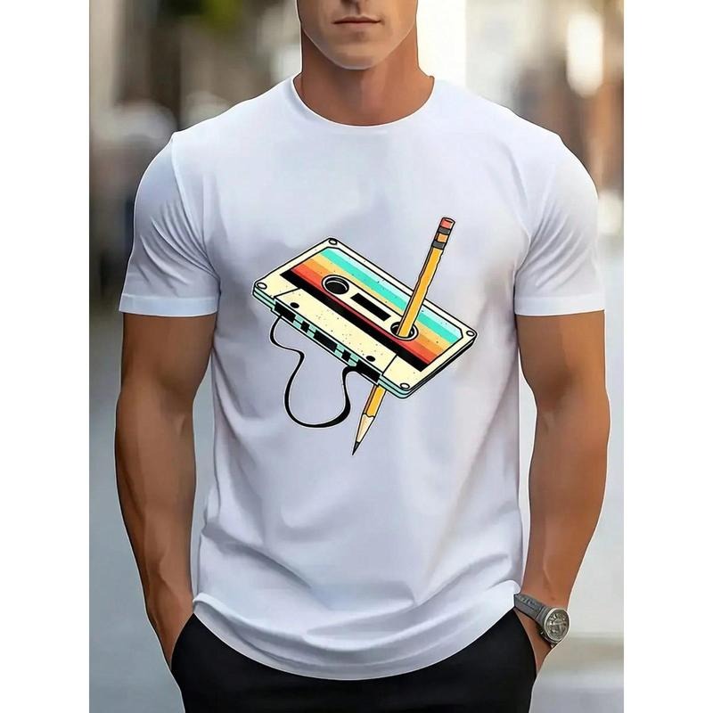 1 Piece, 100% Cotton, Cassette Pencil In The' 90s, Retro Nostalgic Music Pattern Printed T-Shirt In The' 80s, Casual...