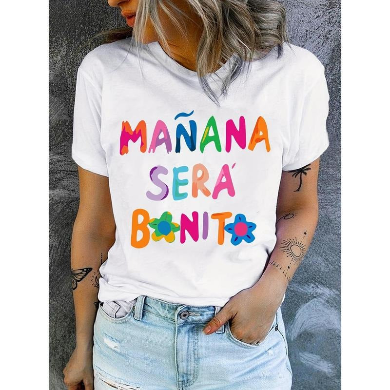 [100% Cotton] [Women's Print Crew Neck Tee] Letter Print T-Shirt, Short Sleeve Crew Neck Casual Top For Summer & Spring,...