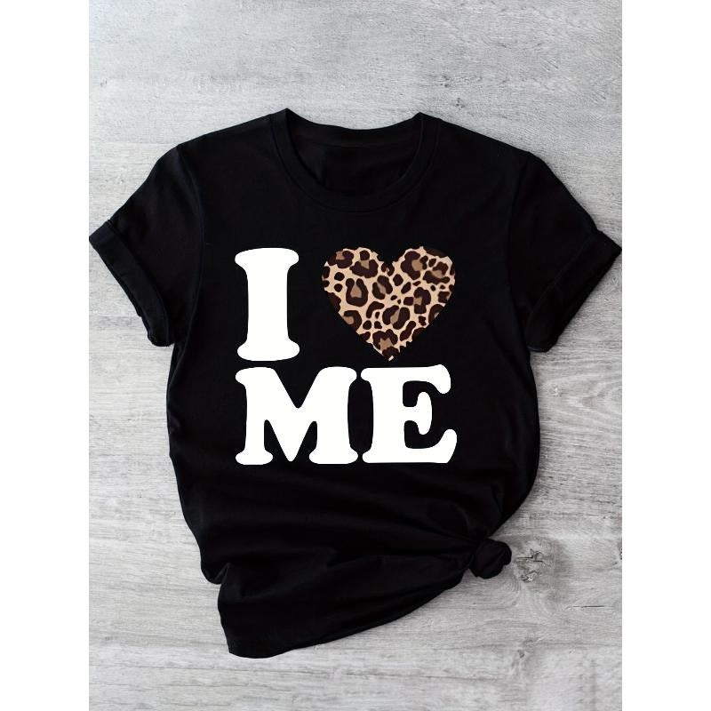 [100% Cotton] 1Pc Women'S "I Me" Leopard Heart Print T-Shirt - Casual & Comfortable Crew Neck Short Sleeve Tee, Perfect...