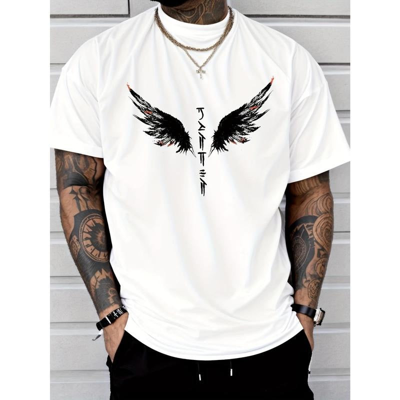 [100% Cotton] Cotton Short Sleeve  T-Shirt Men'S Angel Wings Japanese Calligraphy Print T-Shirt - Casual & Versatile...