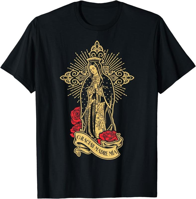 [100% Cotton] Elegant Virgin Of Guadalupe Religious Gold Design T-Shirt With Floral Details Hoodie, Sweatshirt