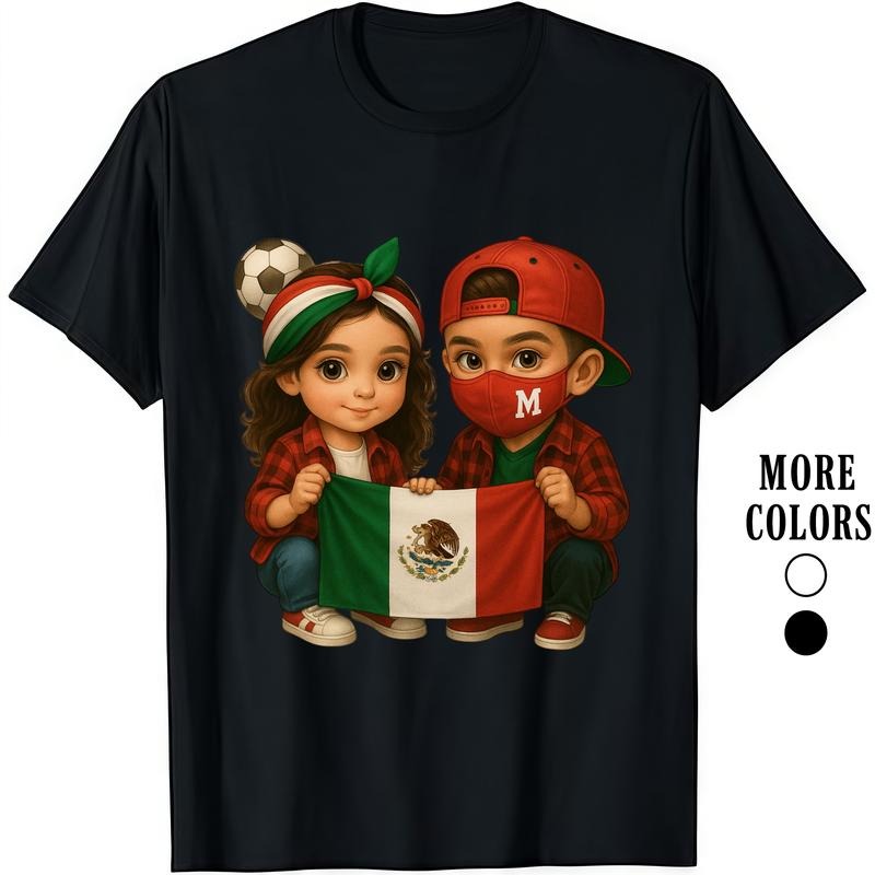 [100% Cotton] HAGBDH Fashion Designer T-Shirts -  Graphic Tees With Kids Holding Mexico Flag With Soccer Ball...